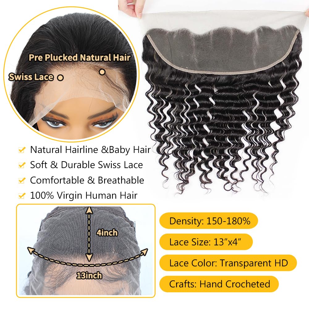 QTHAIR 14A 13x4 HD Lace Frontal Human Hair 20 Inch Deep Wave Frontal Pre Plucked with Baby Hair Ear to Ear Transparent Lace Frontal Closure 100% Virgin Deep Wave Human Hair Frontal 1B Natural Black