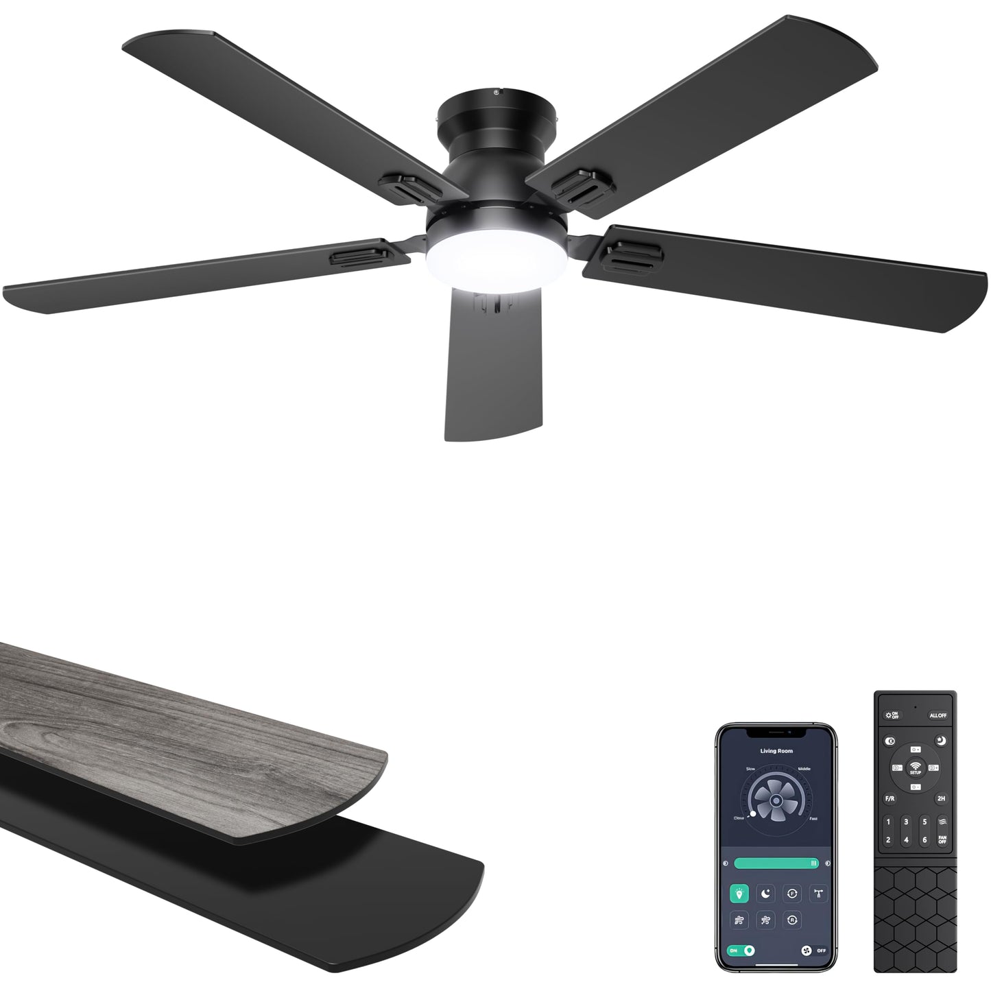 Ohniyou Ceiling Fans with Lights, 52 Inch Low Profile Ceiling Fan with Light and Remote/APP Control, Flush Mount, Dimmable, Quiet DC Motor, Black Ceiling Fan for Bedroom, Living Room