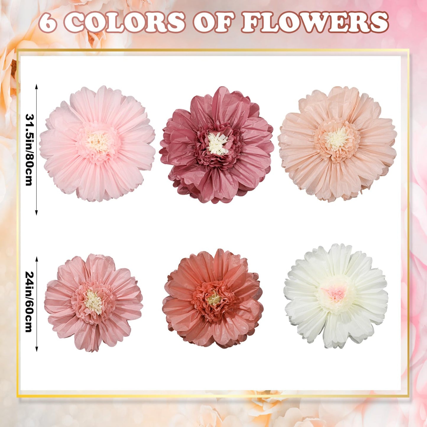 Giegxin 6 Pcs 31.5", 24" Pink Giant Paper Flower Boho Large Tissue Paper Flower for Wall Big Pink Pom Pom Floral Decorations for Wall Wedding Bridal Shower Baby Shower Tea Party Nursery Birthday Decor