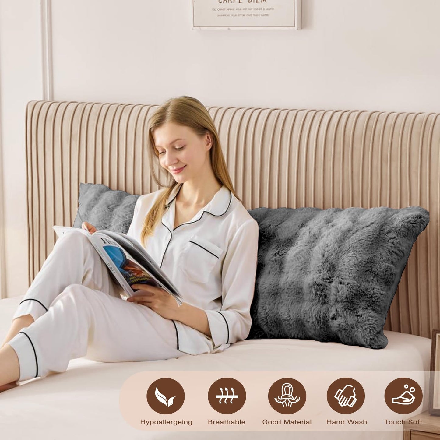 YZ HOME Faux Fur Fluffy Body Pillow for Adults - Firm Body Pillow Insert with Shredded Blue Memory Foam, Adjustable Height, Soft Support for Side Sleepers, Pregnant Women, Washable, 20x54 Inch (Grey)