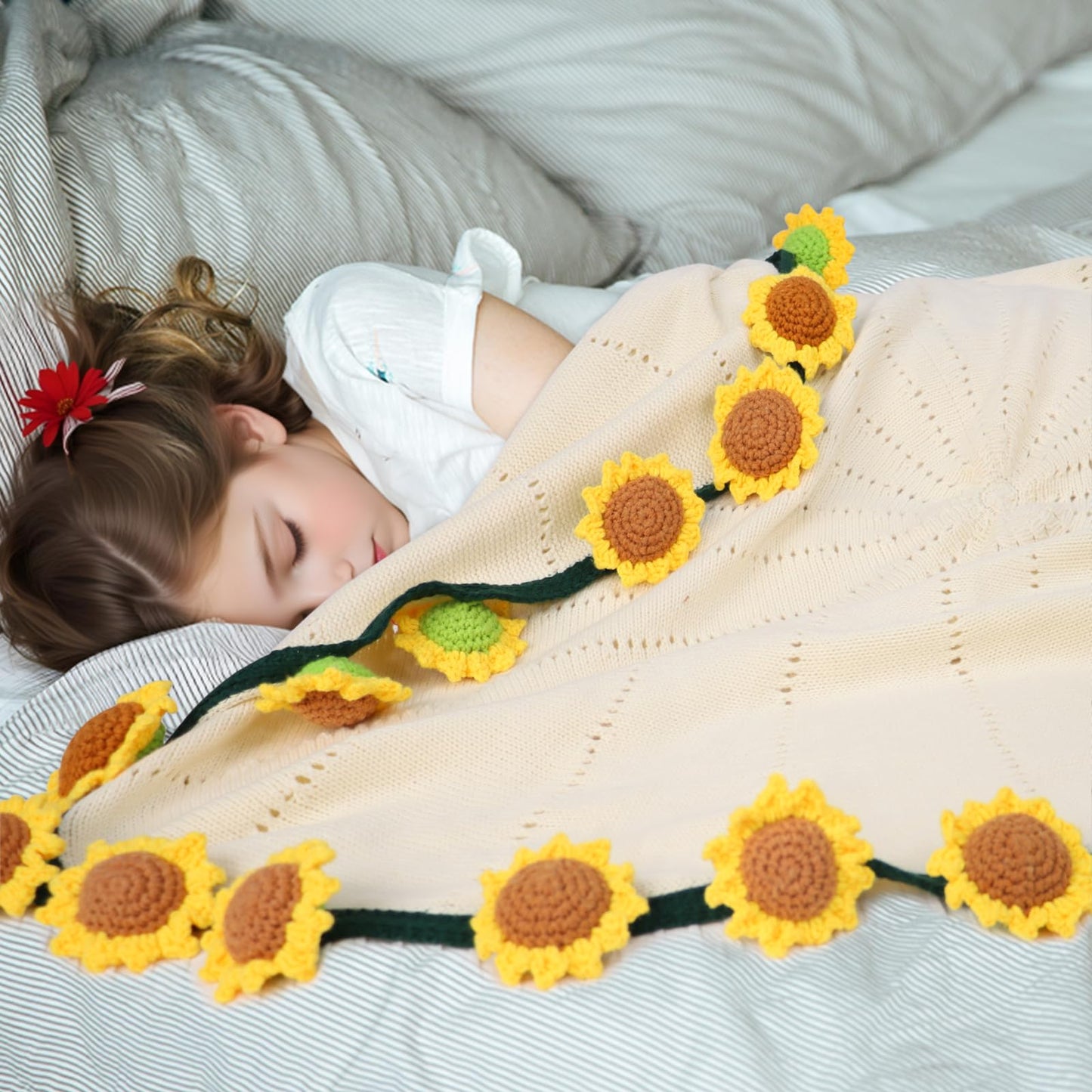 LOKOZ Sunflower Crochet Flower Bouquet Blanket, Teacher Appreciation, Mom Gifts for Mothers Day Grandma Birthday, Sunflower Gifts for Women friends Get Well, Knitted Floral Throw Blanket 31 Inches