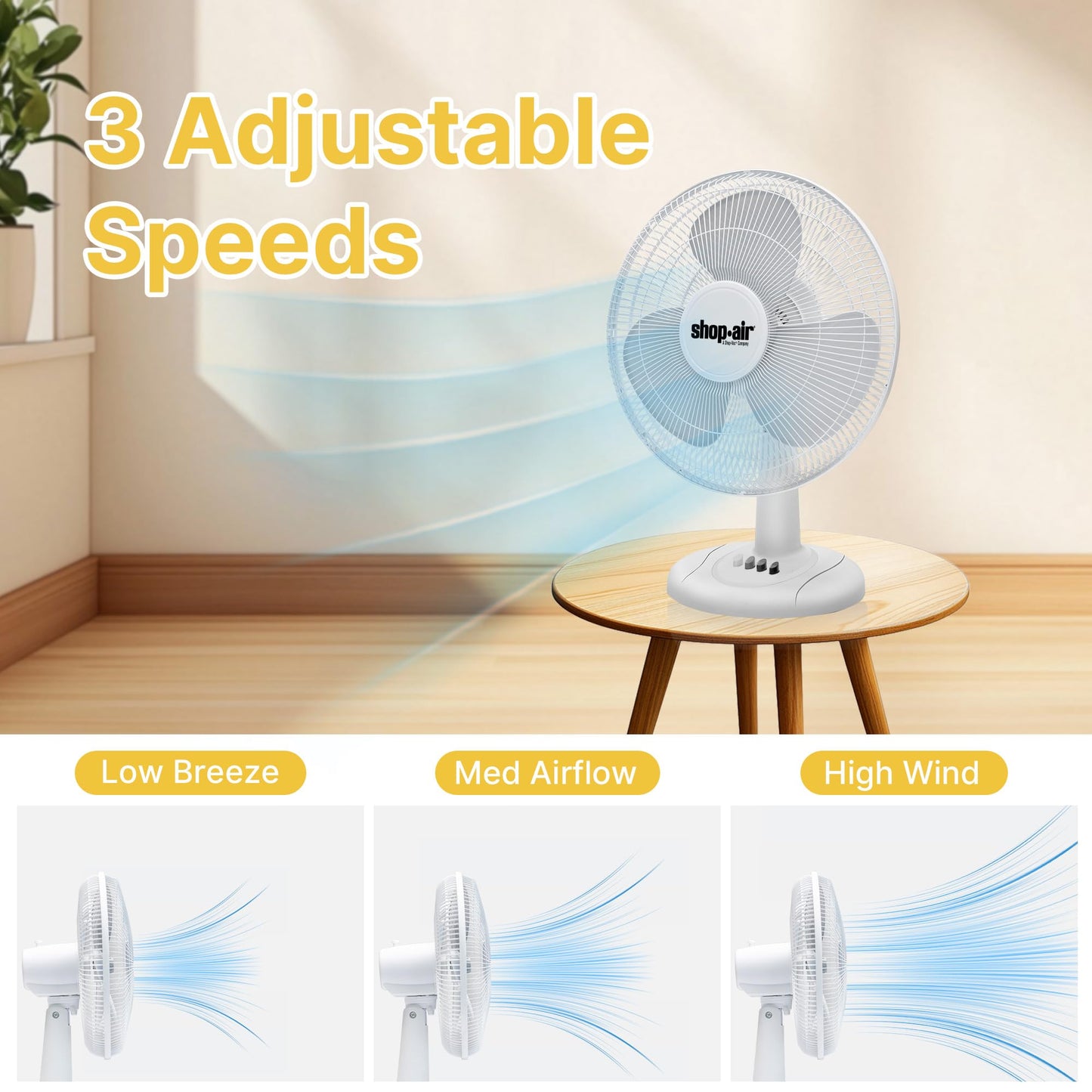Shop-Air 12" Oscillating Table Fan, 3 Speeds, High-Velocity, Quiet & Powerful Air Circulation, 70° Adjustable Head Tilt,Ideal for Home, Bedroom or Office, White