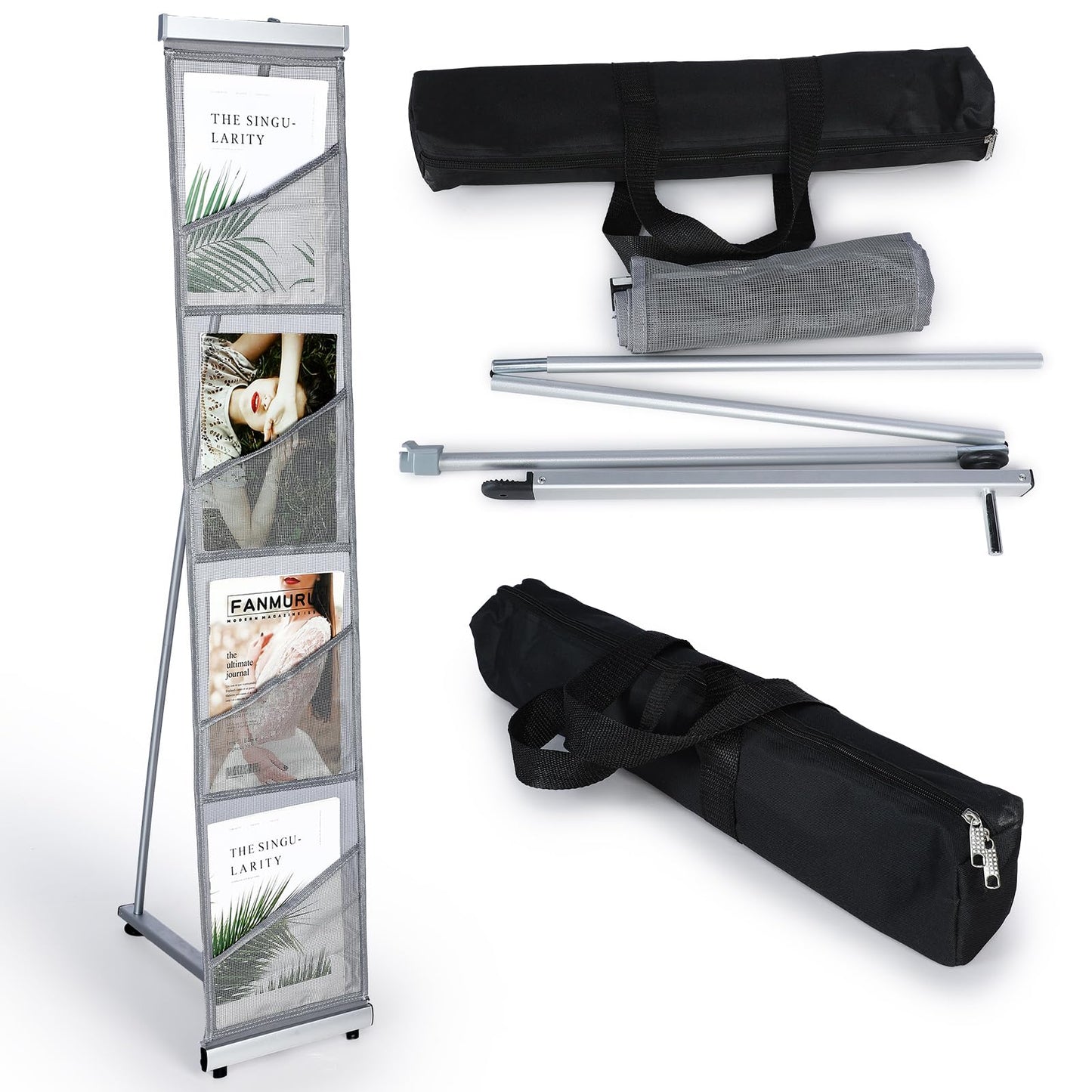 Outus 1 Pcs Literature Stand Magazine Display Rack with 4 Pocket, Portable Roll up Mesh Foldable Trade Show Display with Carrying Bag, Lightweight Magazine Rack Floor Standing for Exhibition Office