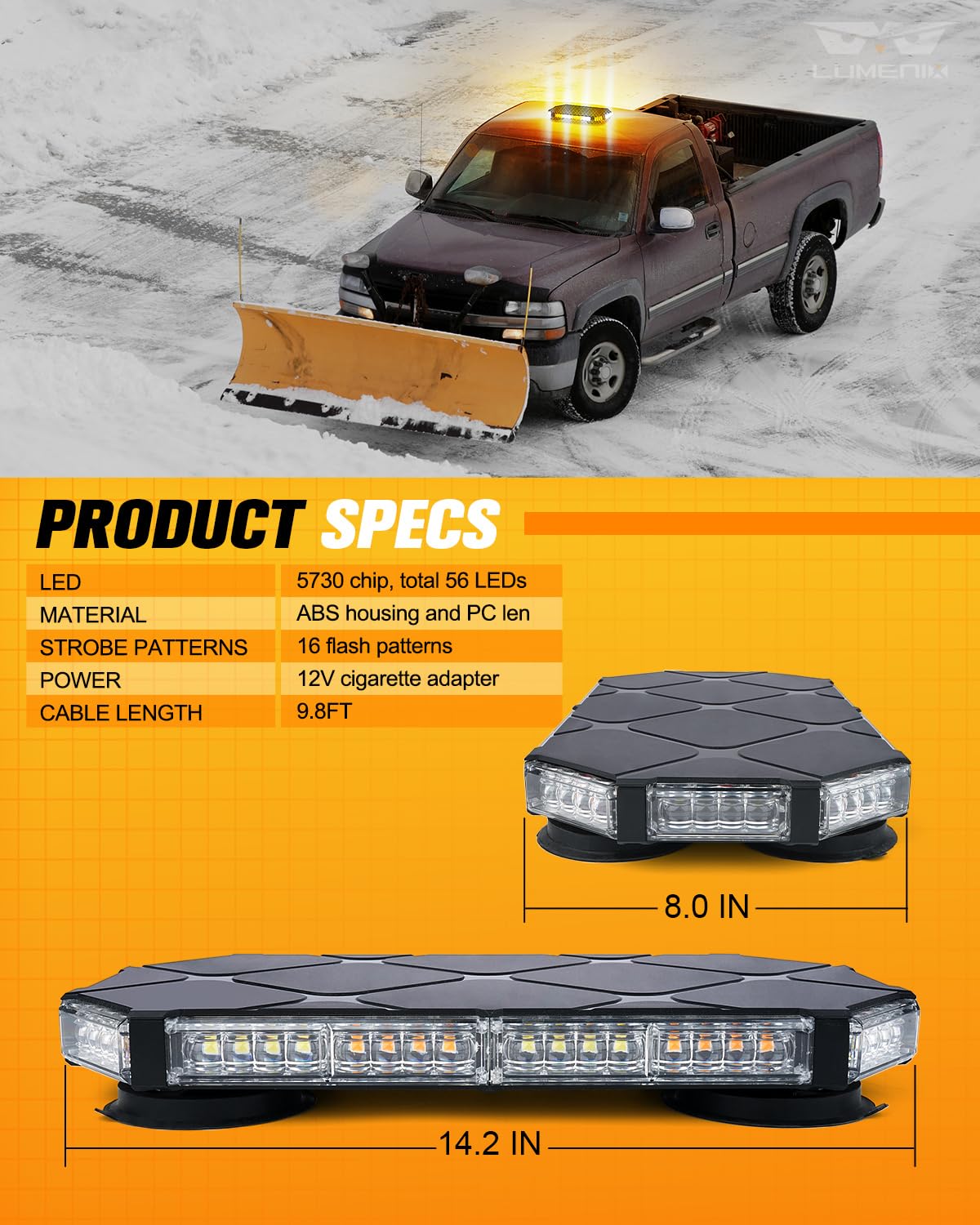 LUMENIX 56 LED Roof Top Strobe Beacon Lights Bar Rooftop Hazard Warning Emergency Safety Flashing Plow Light for Construction Vehicles Tow Commercial Trucks Postal Security Cars Snowplow - Amber White