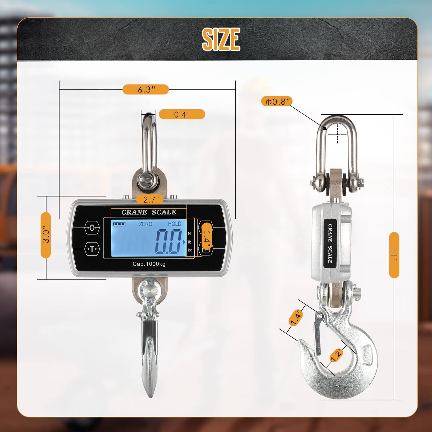 Bonvoisin Digital Crane Scale 2200lb/1000kg Industrial Hanging Scale Digital Heavy Duty for Farms Portable Big Hoist Wild Game Scale kg/lb/N (2200lb)