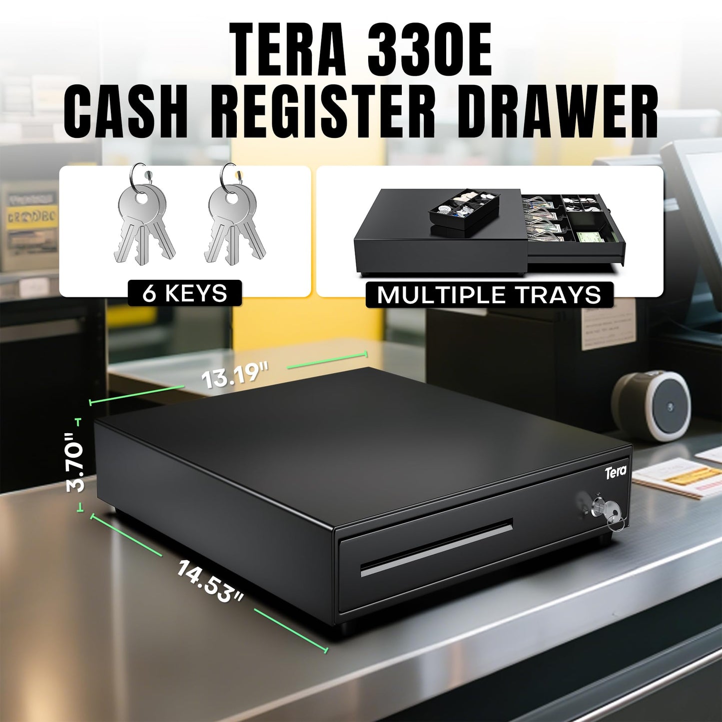Tera 13 inch Auto Open Cash Register Drawer with 6 Keys Heavy Duty 4 Bill 8 Coin Removable Cash Tray Media Slot 24V RJ12 Key-Lock Round Corner for POS System Small Businesses Retail 330E