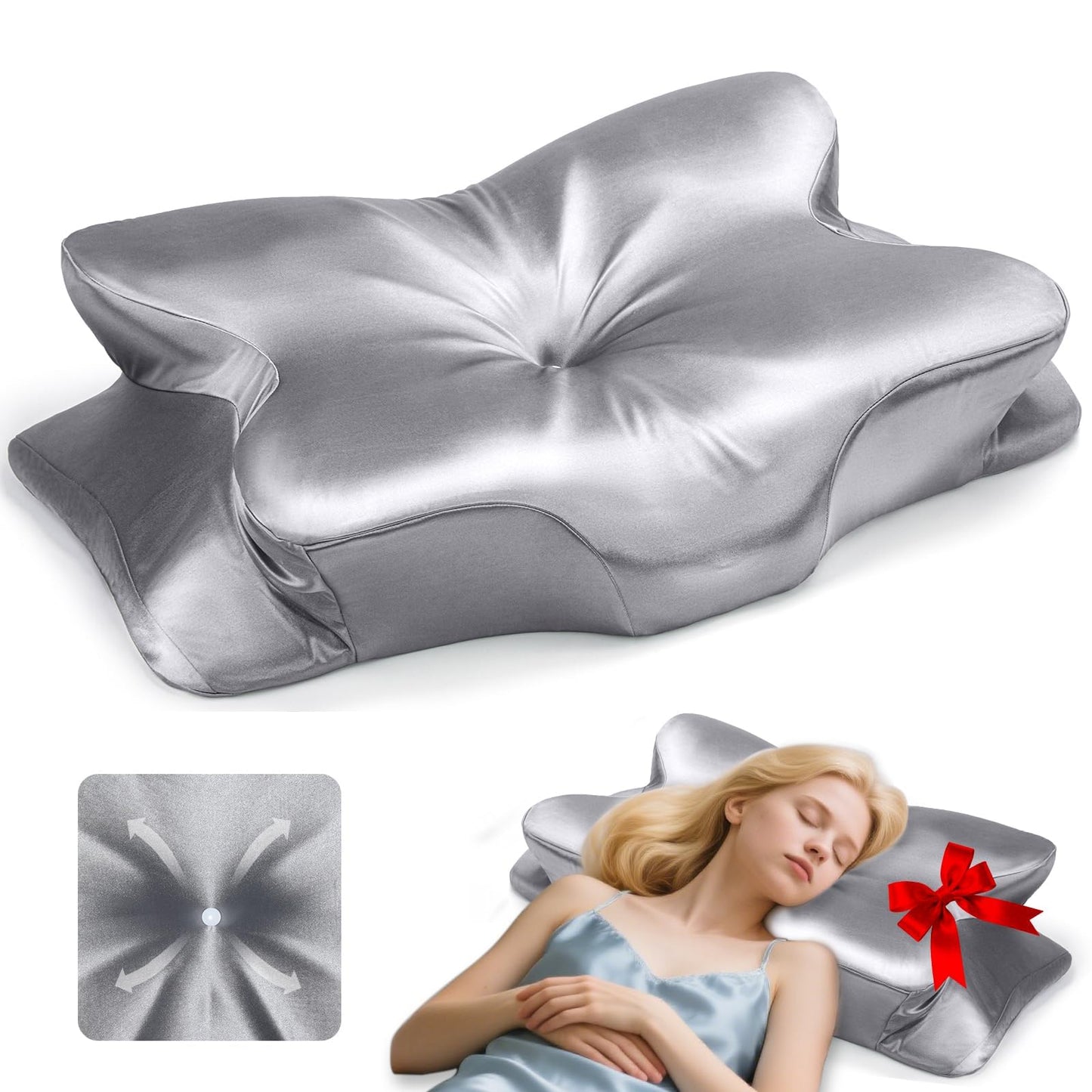 CCidea Cervical Neck Support Pillow for Sleeping & Pain Relief – Ergonomic Contour Memory Foam Pillows for Side/Back/Stomach Sleepers, 2 Heights with Removable Silk Satin Cover - Gifts for Men & Women