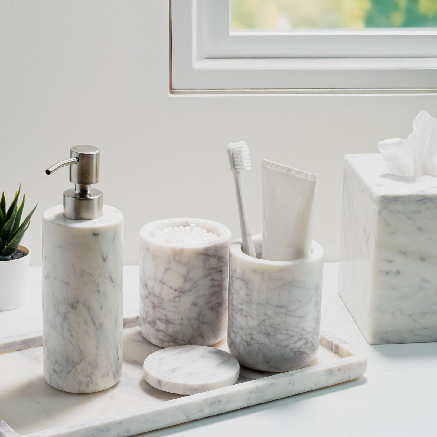 Cork & Mill Marble Bathroom Accessories Set, Solid Natural Marble, Complete Vanity Set with Soap Dispenser, Toothbrush Holder & Canister with Lid for Qtips, White Bathroom Countertop Decor