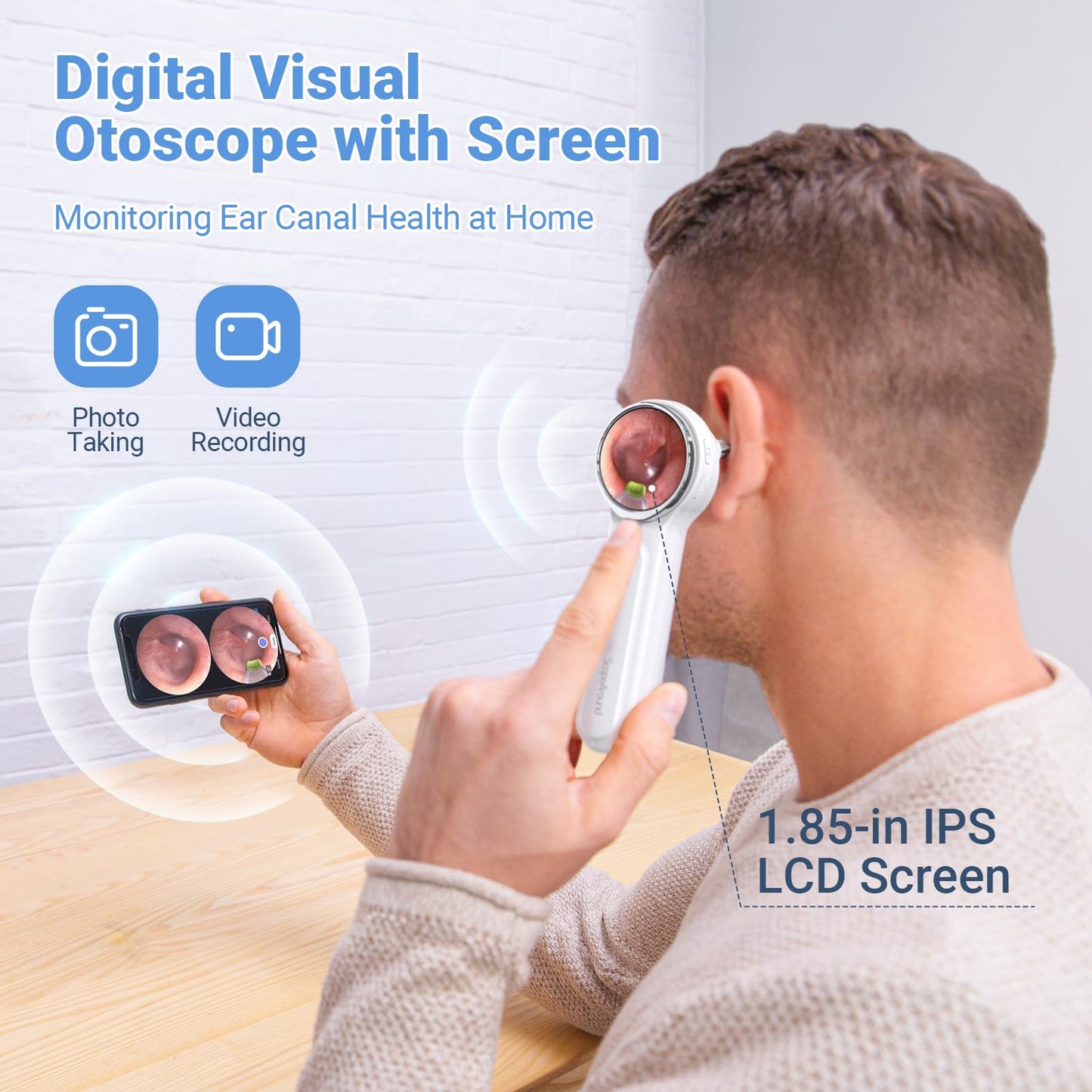 ScopeAround Otoscope with Light, Digital Otoscope w/1.85in IPS Screen, 720p HD Ear Wax Removal Tool Camera, Video Otoscope Ear Camera with 6 LED Lights, Compatible with Android/iPhone