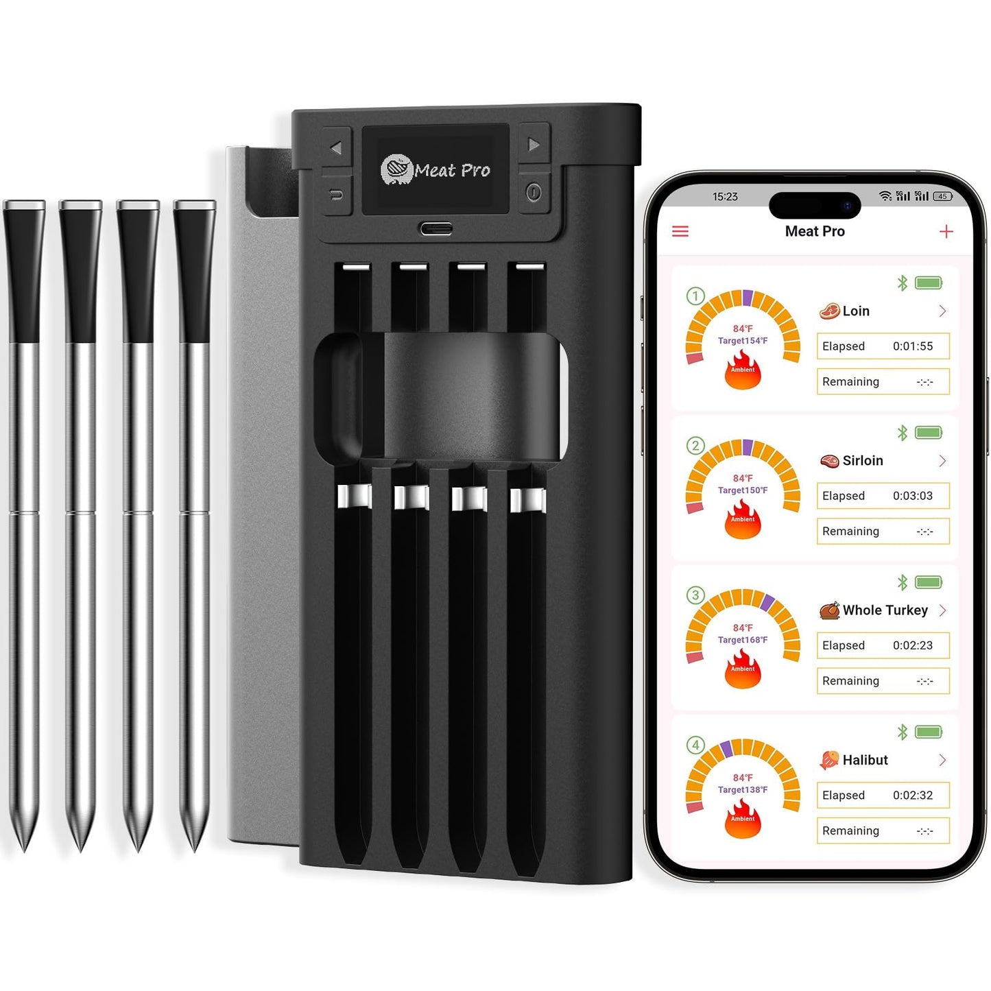 Yonktoo Meat Thermometer Digital Wireless, Long-Range BBQ Thermometer with 4 Probes, Dual Sensors for Perfect Grilling & Smoking - Black