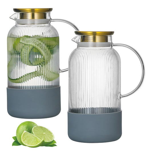 Buaic 2 PACK Glass Pitcher with Lid, 68 oz/ 2 Liter Classic Vertical Stripes Water Pitcher with Silicone Base, Glass Water Carafe for Cold Brew, Coffee, Lemonade, Iced Sun Tea,Beverage,Heat Resistant