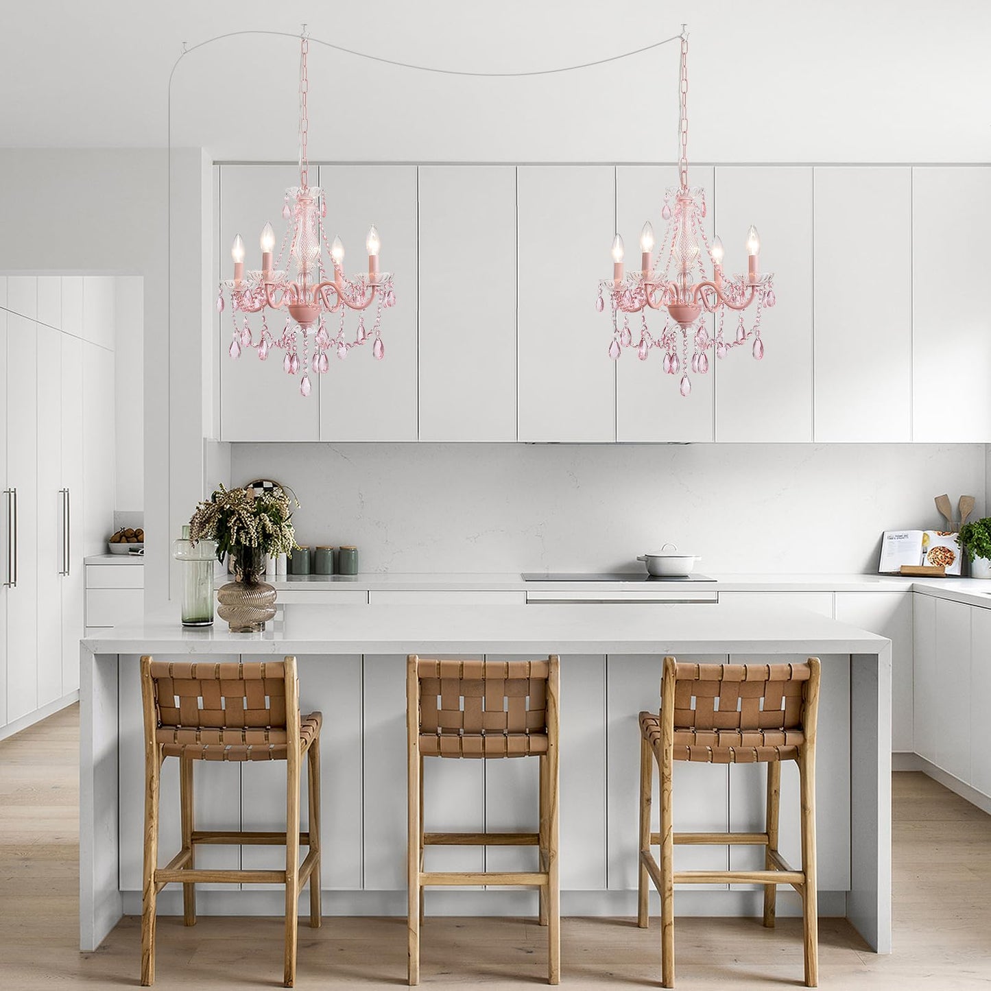 Plug in Crystal Pink Chandelier, Not acrylic Crystal,Mini 4 Lights for Girls Room,Pink Crystals Hanging Pendant Light with Clear Cord and On/Off, Chandelier for wedding, Kitchen, Dining,Foyer,Island