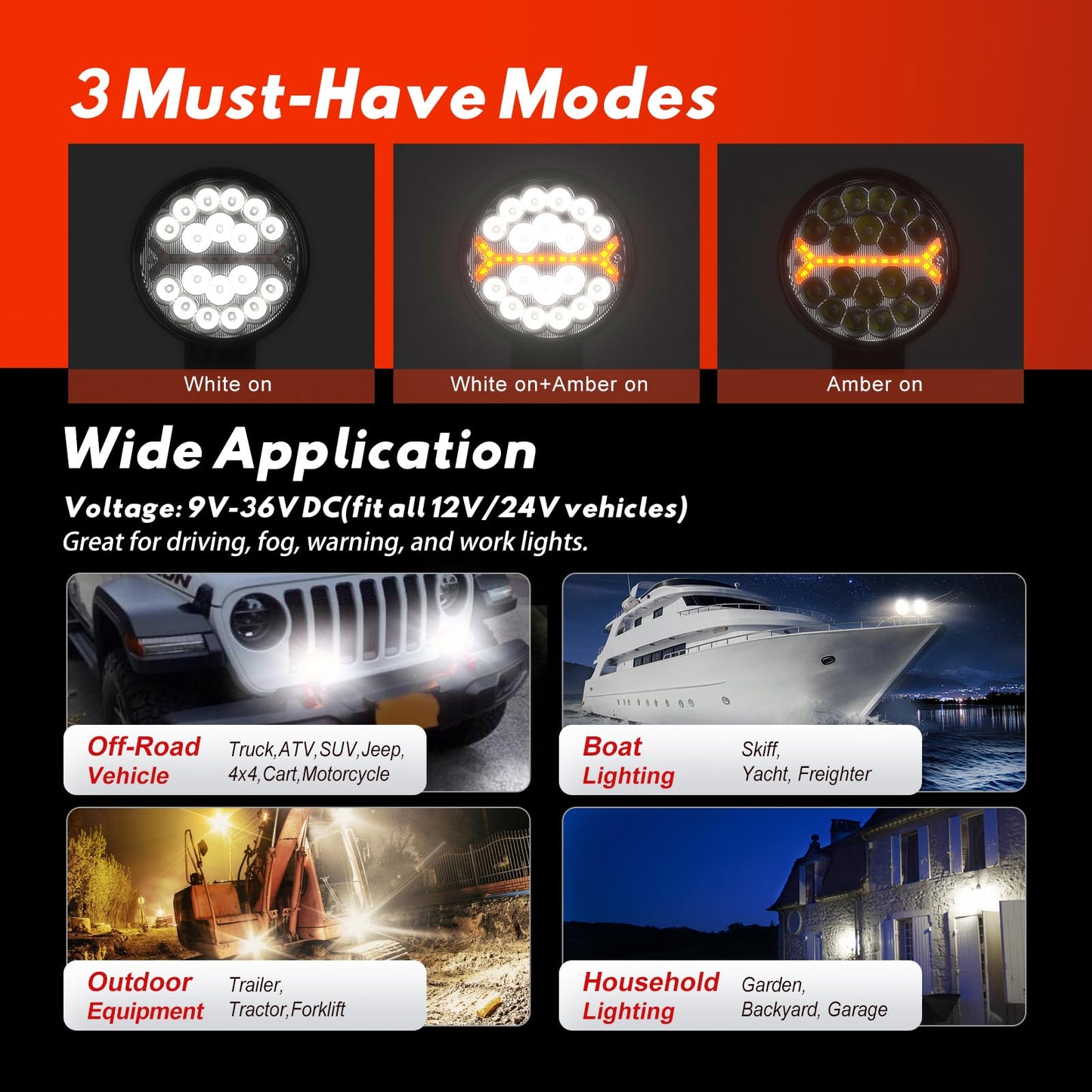 Firehawk LED Light Pods Bar 4 Inch 30000LM 60W Round Spot Flood Amber White Driving Offroad Fog Work Backup Bumper for Truck Jeep ATV UTV SUV Tractor Motorcycle 4x4 Cart Trailer Boat Waterproof 2PCS