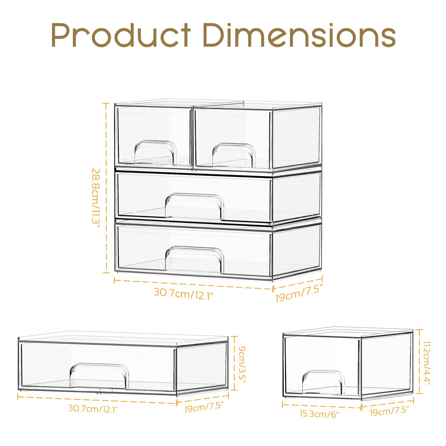 Criusia Stackable Storage Drawers, 4 Pack Clear Plastic Makeup & Bathroom Organizer, Versatile Storage Bins for Vanity, Under Sink, Kitchen Cabinets & Pantry