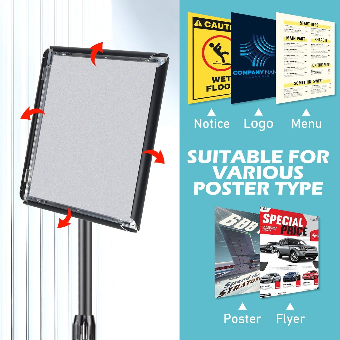 AceShow 2 Pack Sign Holder Stand - 8.5 ×11 inch Standing Display Sign Stand, Adjustable Poster Sign Holder, Heavy Duty Pedestal Floor Sign Stand, Snap Open Frame for Vertical & Horizontal View, Black