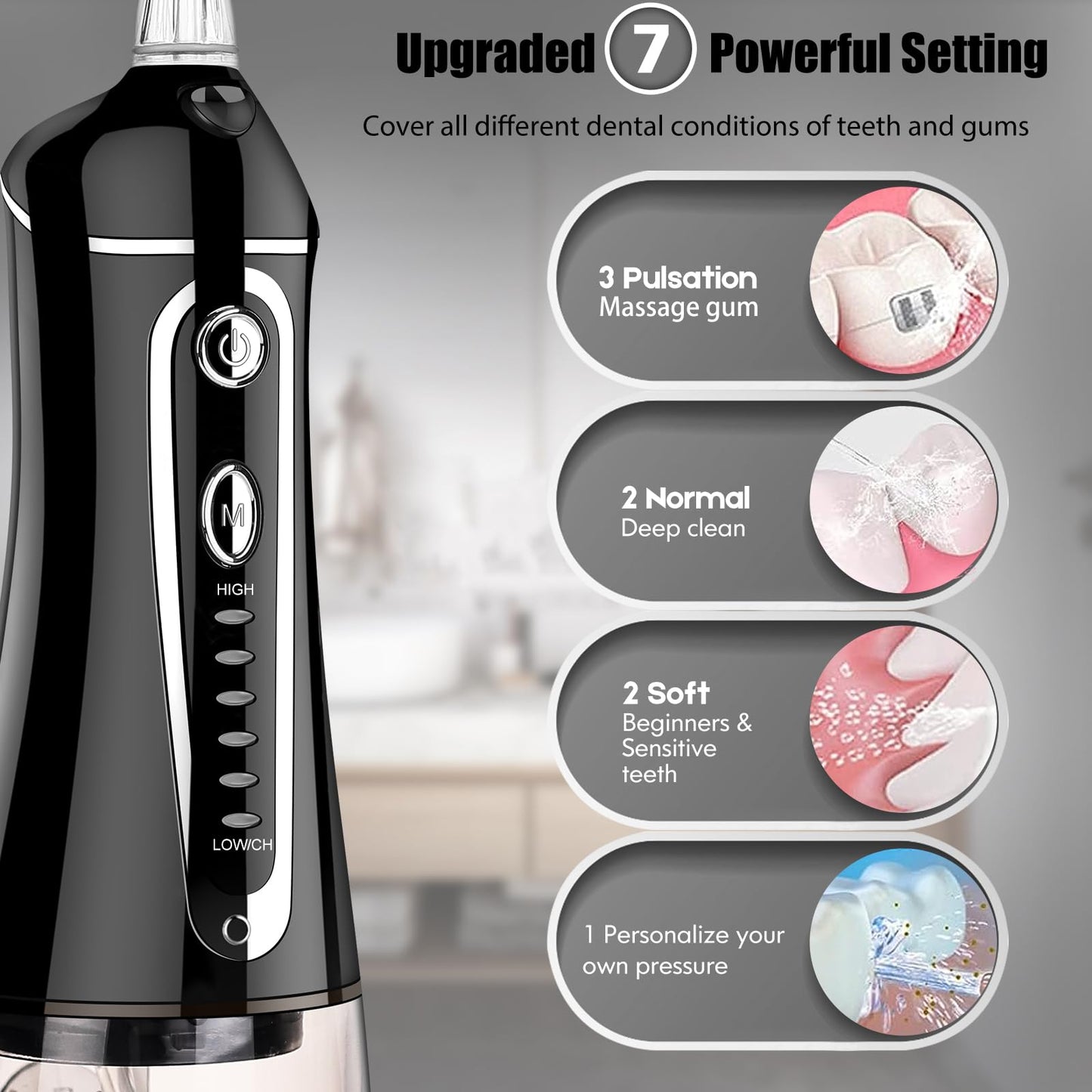 Cordless Water Flosser for Teeth Rechargeable - FZCOK 7 Clean Settings Oral Irrigator Dental Flosser for Braces Adults Teeth Cleaning Portable with Long Battery Life, Waterproof(Black)