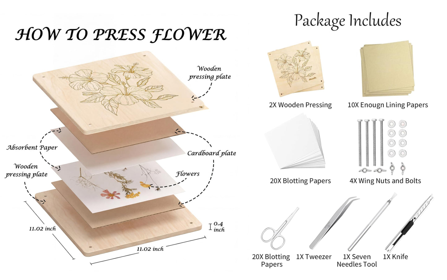 FOCHIER F Flower Press Kit for Adults & Kids, Extra Large Wooden Flower Press Kit with Tools, 30 Blotting Papers, for Pressed Flowers, Resin Art, DIY Crafts & Flower Preservation