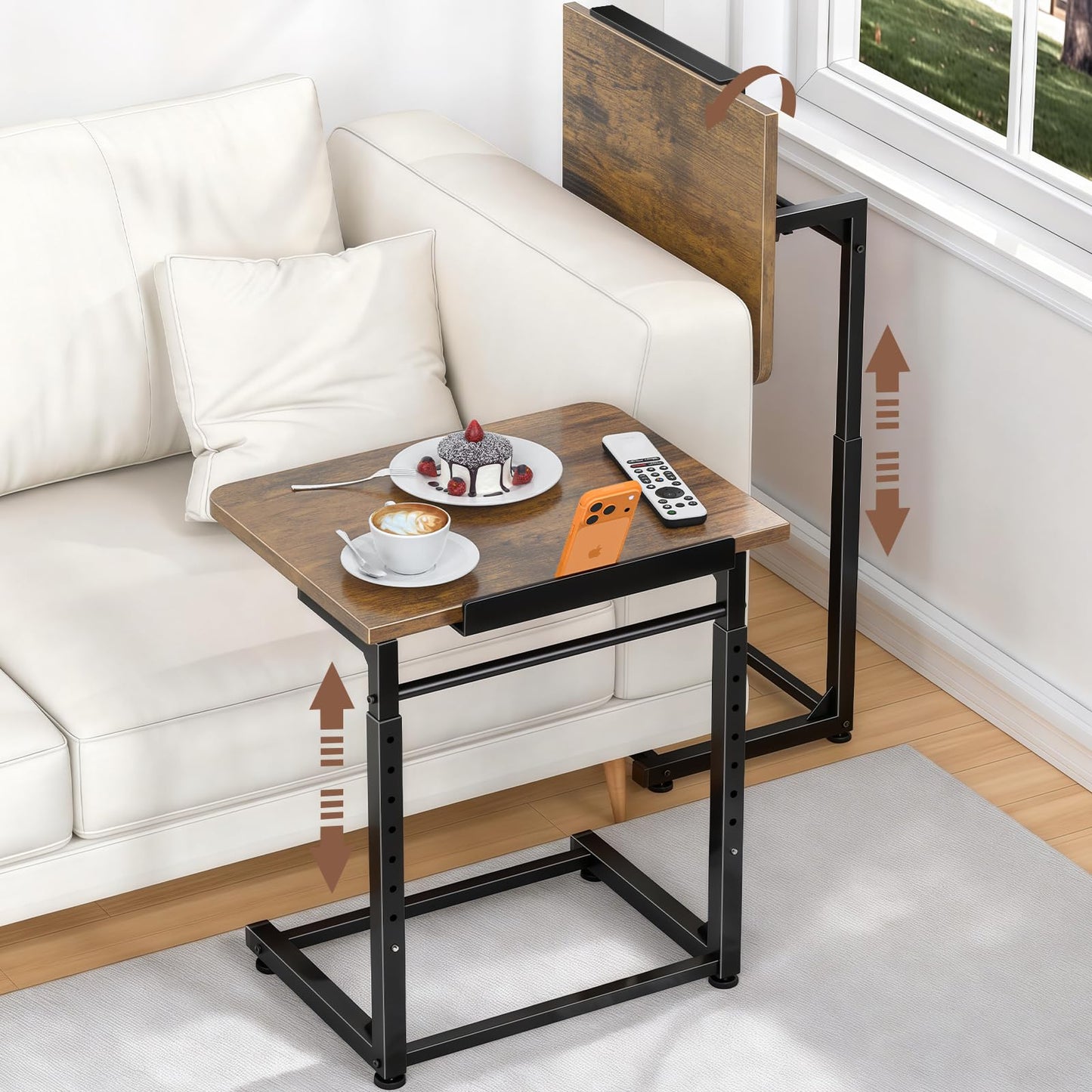 Tv Tray Table, Adjustable Height Couch Narrow Side Table,90° Tilt Angle foldable End Table, Laptop Table with Phone & Tablet Slot Dinner Tray Desk for Recliner/Sofa/Bed/small Living Room (Brown)