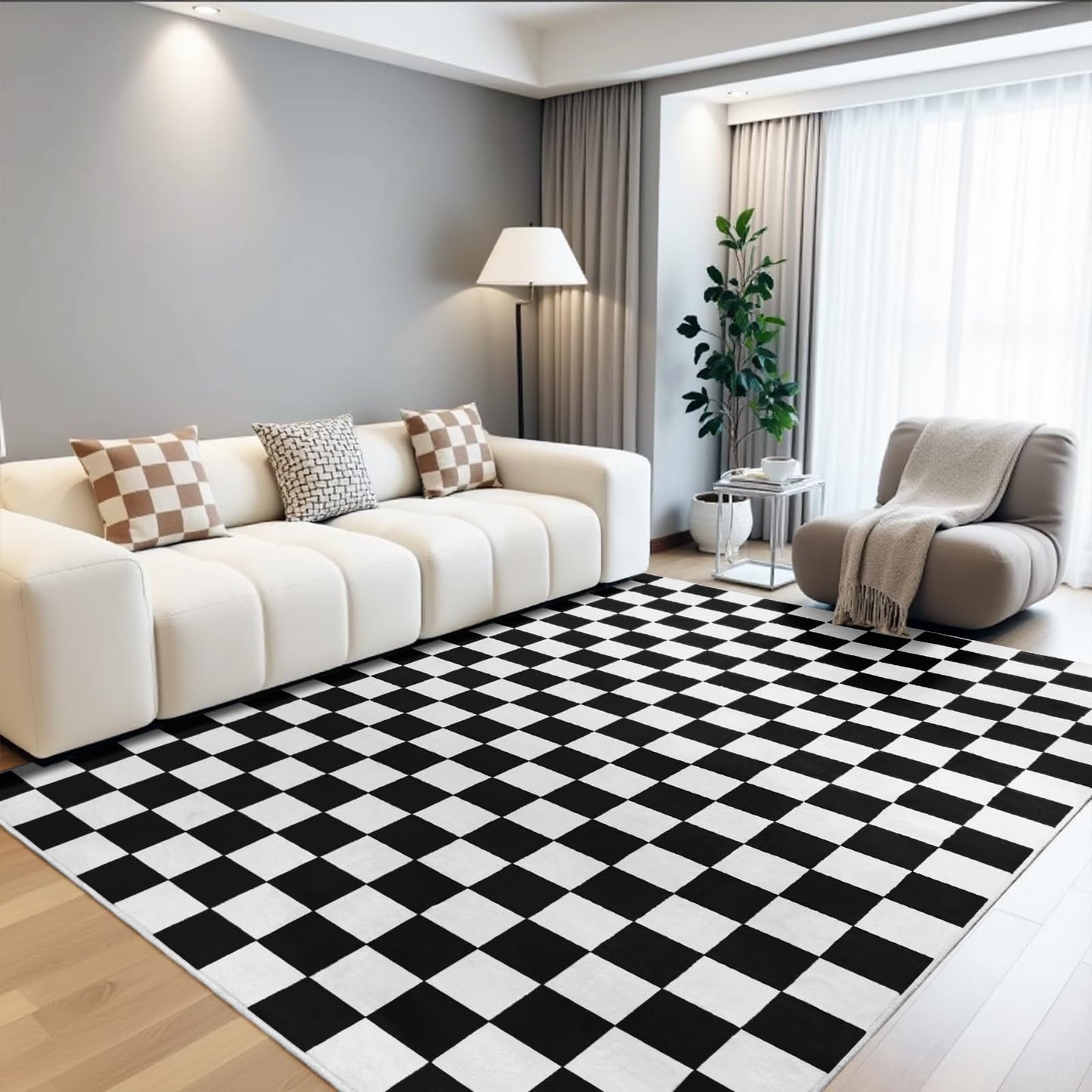 Terrug Black and White Checkered Rug for Living Room,6x9 Area Rugs Washable with Non Slip for Bedroom,Soft Low Pile Stain Resistance Retro Carpet for Dorm Kids Room