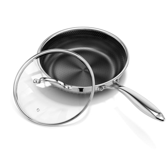 8 Inch Nonstick Frying Pan with Lid, Titanium Ceramic Tri-Ply Stainless Steel Non Stick Skillet W/Lid Small Hybrid Cooking Pan Healthy Induction Egg Frying Pan W/Stay Cool Handle, PFAS/PFOA/PTFE Free
