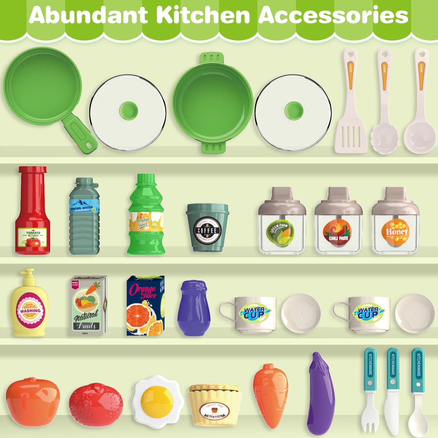 Play Kitchen Set, Kids Kitchen Playset with Realistic Sound & Light, Cooking Stove, Sink, Play Food and Accessories, 57 Pcs Kitchen Toys Gifts for Toddlers 2-4 3-5 Boys Girls (Green)