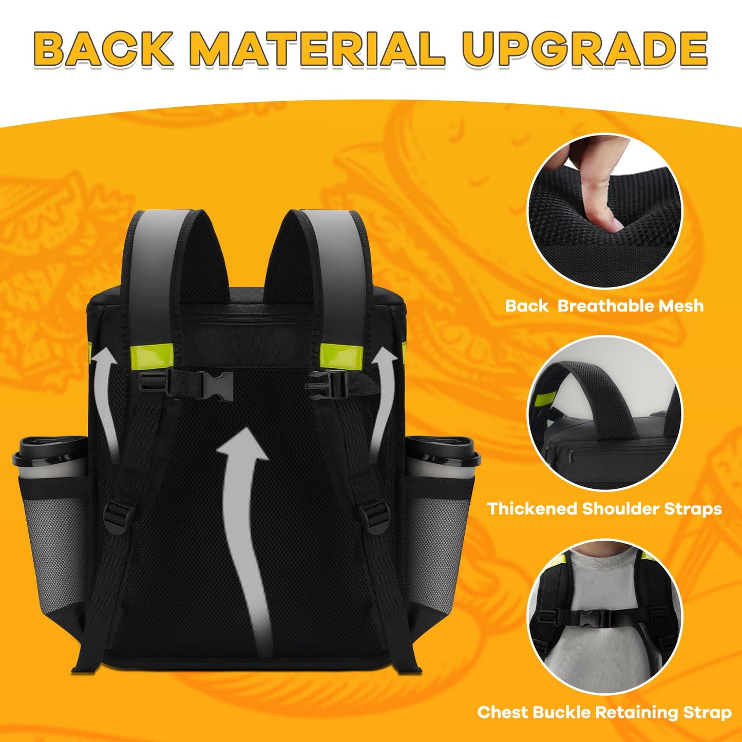 Ytonet Food Delivery Backpack, Expandable Insulated Food Delivery Backpack with 7 Cup Holders, Extra Large Pizza Bags For Delivery Bike with Reflective Strip Fis for Uber Eat, Grubhub, Doordash, Black