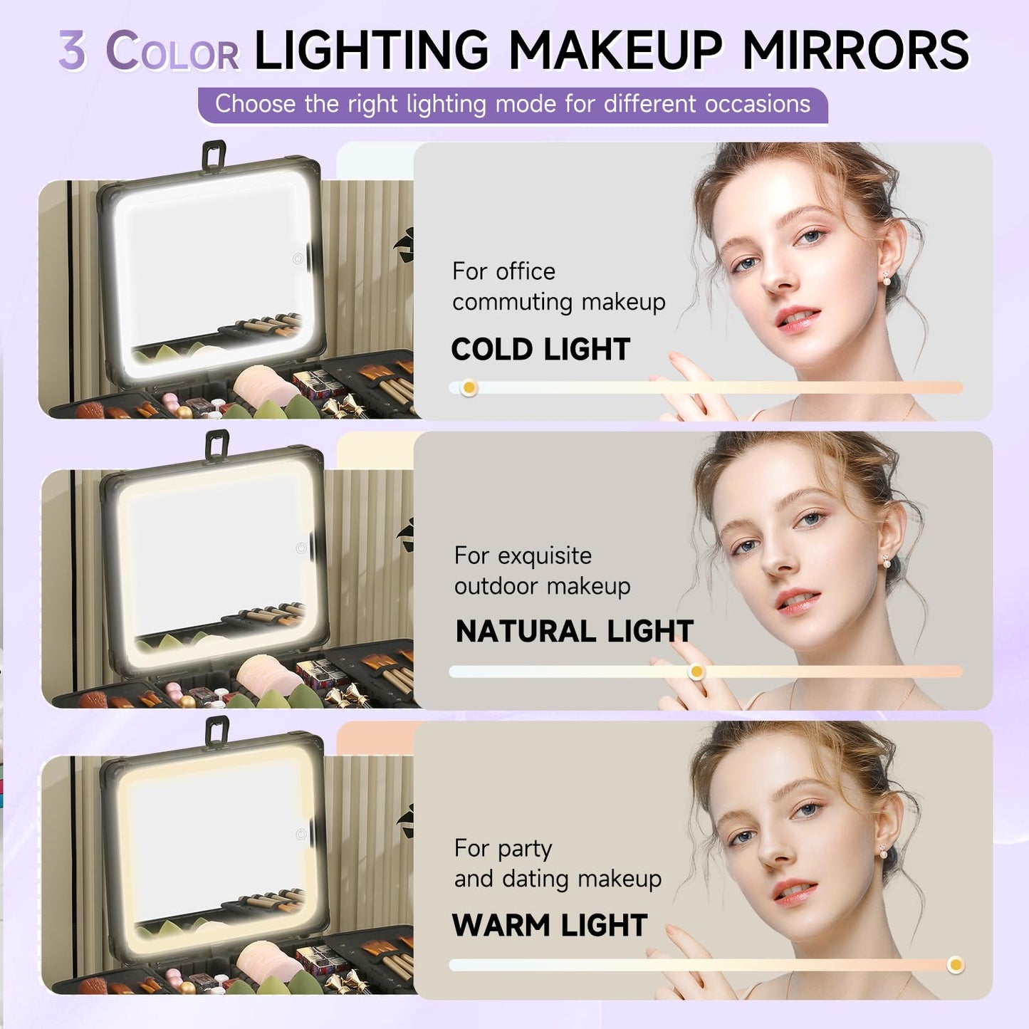 Leeora&Leekoo Makeup Box with A Detachable Lighted Mirror, Waterproof Travel Train Case, Cosmetic Organizer and Makeup Suitcase with Adjustable Dividers, LED Mirror (Black, Plane)