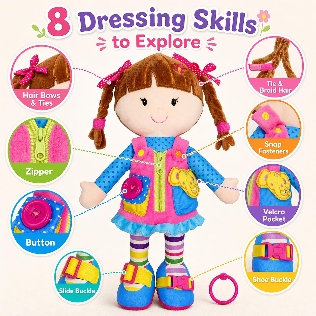 June Garden 15.5" Dressy Friends Belle - Educational Stuffed Plush Doll for Kids and Toddlers 2 Years and Up - Montessori Buckle Soft Toy
