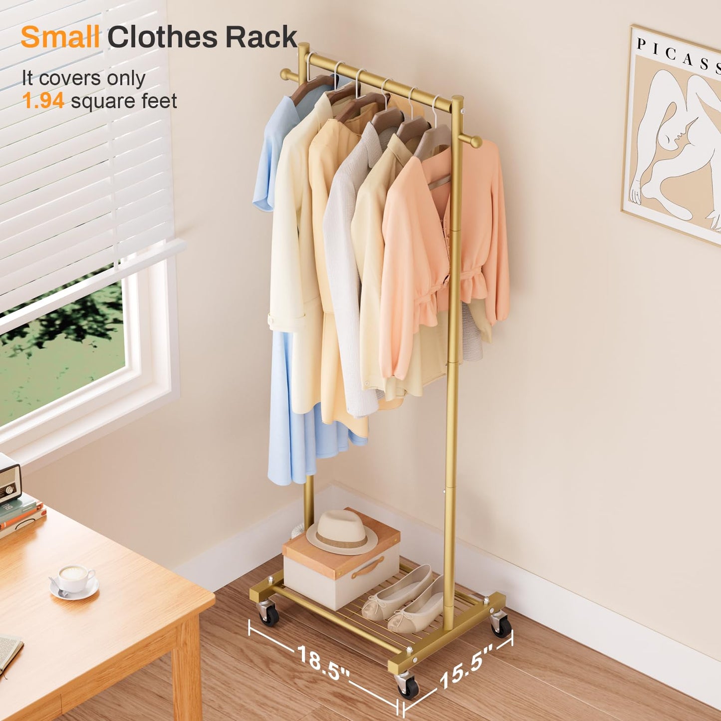 MISSLO Small Clothes Racks for Hanging Clothes Clothing Rack with Wheels 60" Garment Rack with Shelves Portable Rolling Wardrobe Rack for Small Space (Gold)