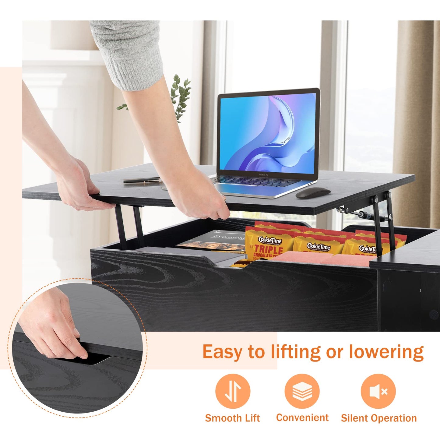 Sweetcrispy Coffee Table Lift Top Coffee Tables for Living Room,Small Rising Wooden Center Tables with Storage Shelf and Hidden Compartment, Black
