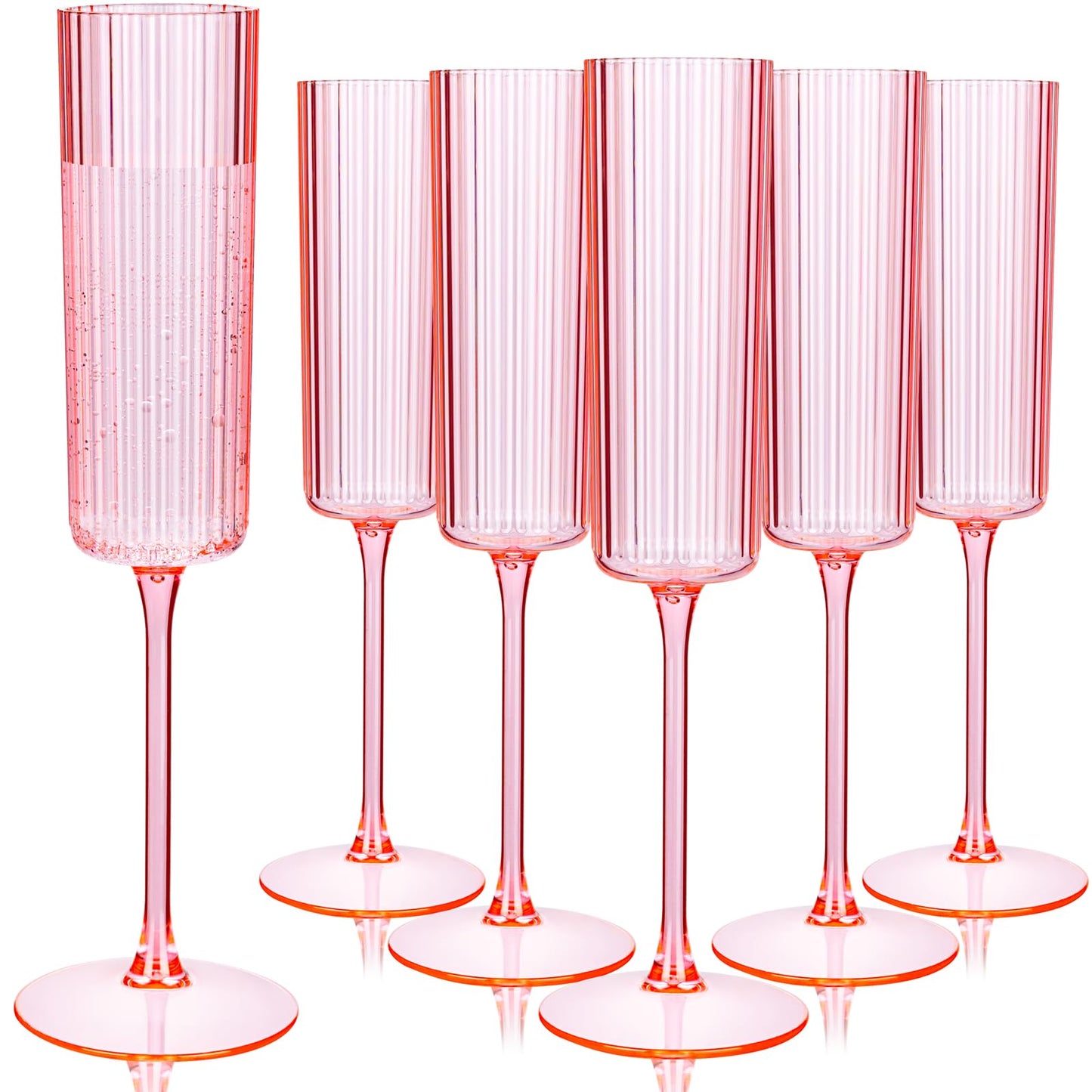 Joyido 36 Pack Pink Plastic Champagne Flutes - 6oz Ribbed Disposable Champagne Glasses - Clear Pink Vintage Mimosa Glasses with Long Stem Elegant & Lightweight for Wedding Party