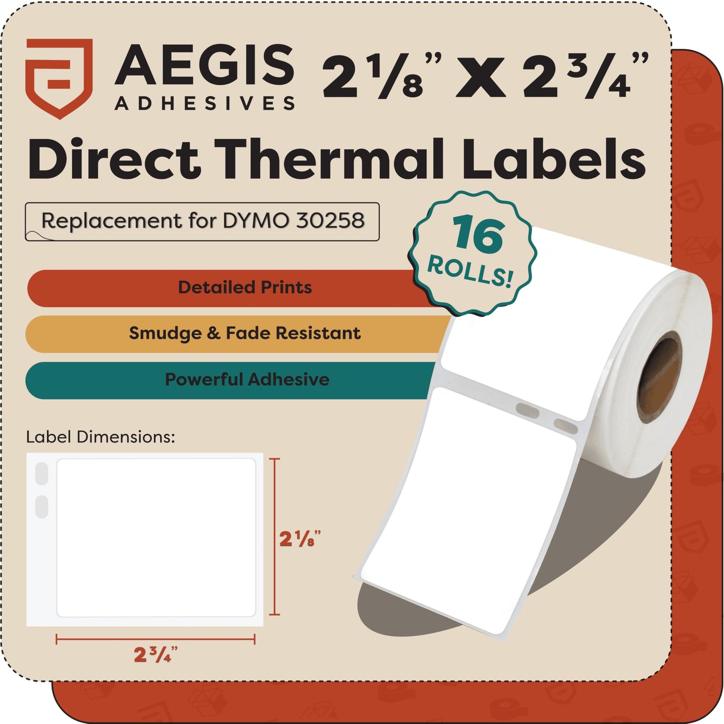 Aegis Adhesives - Replacement for DYMO 30258 (16 Rolls, 6400 Labels) 2 1/8" X 2 3/4" Direct Thermal Barcode and Address Labels - Compatible with LabelWriter 450, 450 Turbo, 4XL (NOT 550, 5XL)