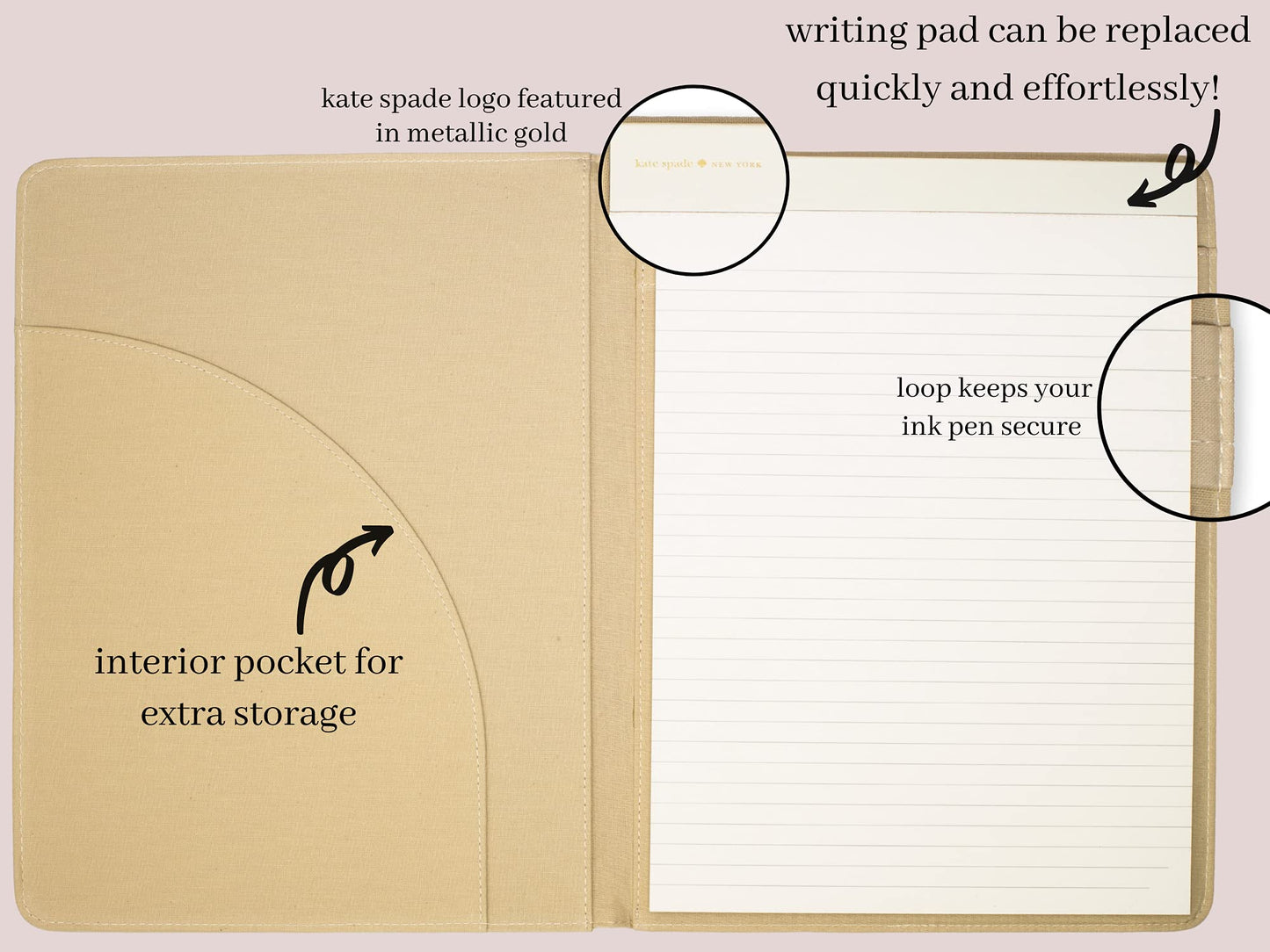 kate spade new york Black/Gold Leatherette Notepad Folio, Professional Padfolio with Lined Writing Pad, Interior Pocket, and Pen Loop, Scatter Dot