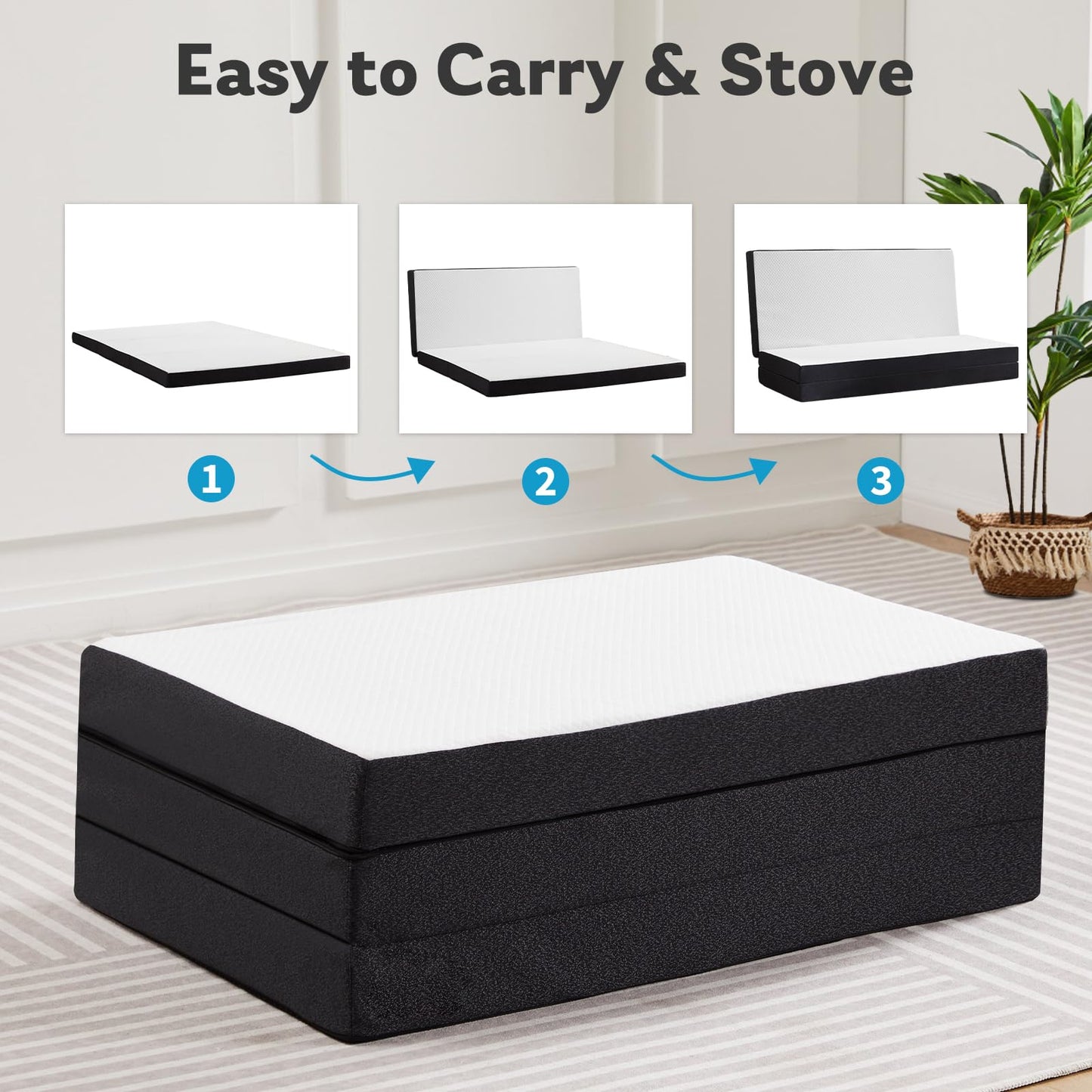 KMFurnila Tri-Fold Twin Memory Foam Pads, 3 inch Folding Topper with Washable Cover, Portable Non-Slip Guest Floor Bed for Camping Travel – Ideal for Overnight Guests, RV, and Outdoor Adventures