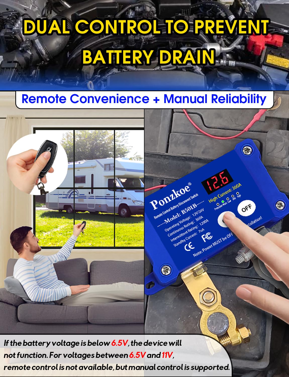 360A Remote Car Battery Disconnect Switch with LED Voltage Display - 12V 24V Kill Switch for Marine Boat RV Truck Vehicles ATV, Heavy Duty Anti-Theft Power Cutoff & ON/Off Isolator(Negative Terminal)