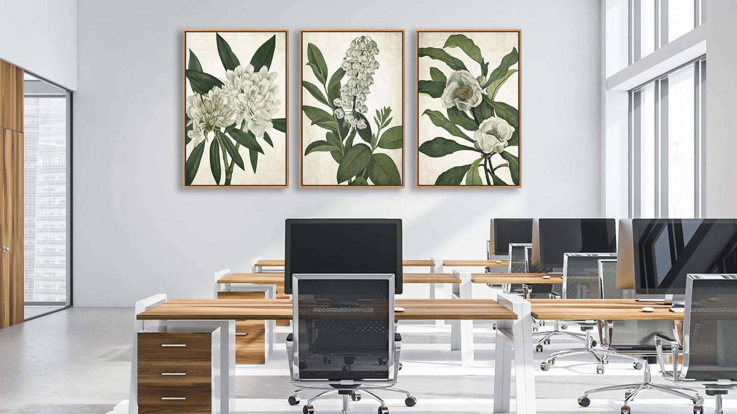 Large Framed Canvas Wall Art - Natural Float Framed White Flowers Green Leaves Pictures Decor Simple Botanical Plants Artwork for Living Room Bedroom Kitchen Home Office Decoration 48" X 24" Set of 3