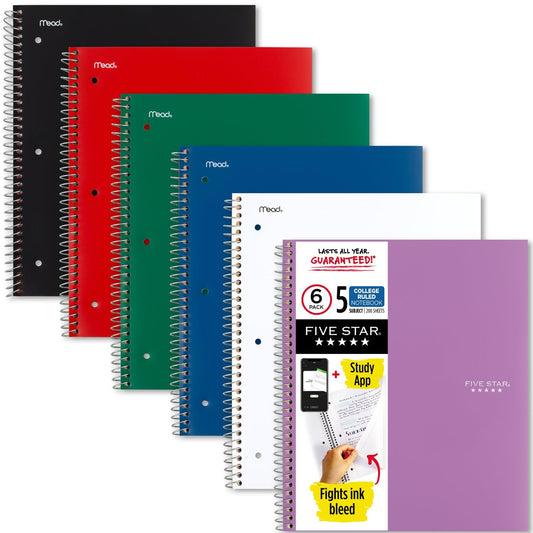 Five Star Spiral Notebook + Study App, 6 Pack, 5 Subject, College Ruled Paper, Fights Ink Bleed, Water Resistant Cover, 8-1/2" x 11", 200 Sheets, Assorted Colors (73793)