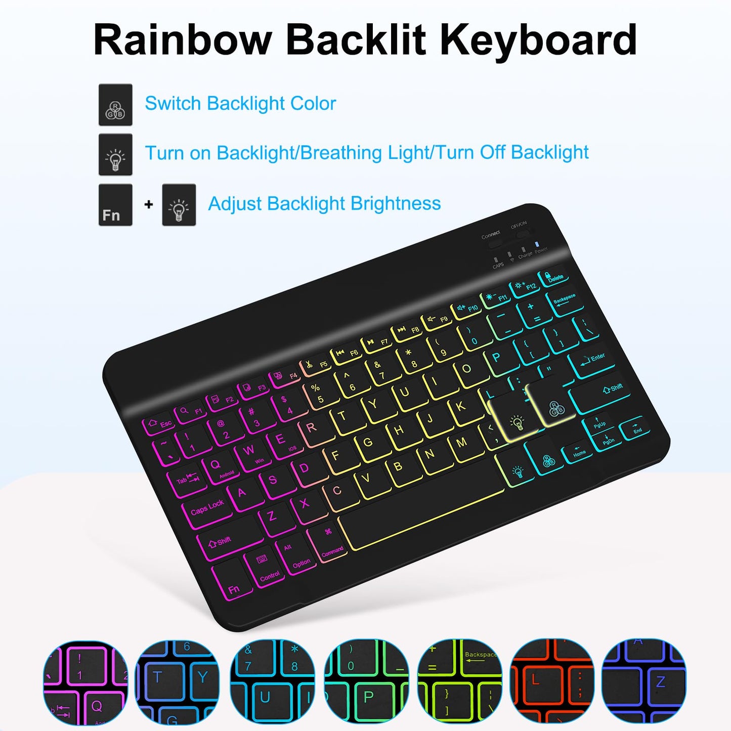 EAMPANG Tablet Case with Keyboard for Amazon Kindle Fire HD 10&10 Plus 11/13th Gen 10.1 inch,7 Color Rainbow Backlit Detachable Keyboard Magnetic Cover with Pen Slot HD 10 2021&2023 Black+Black