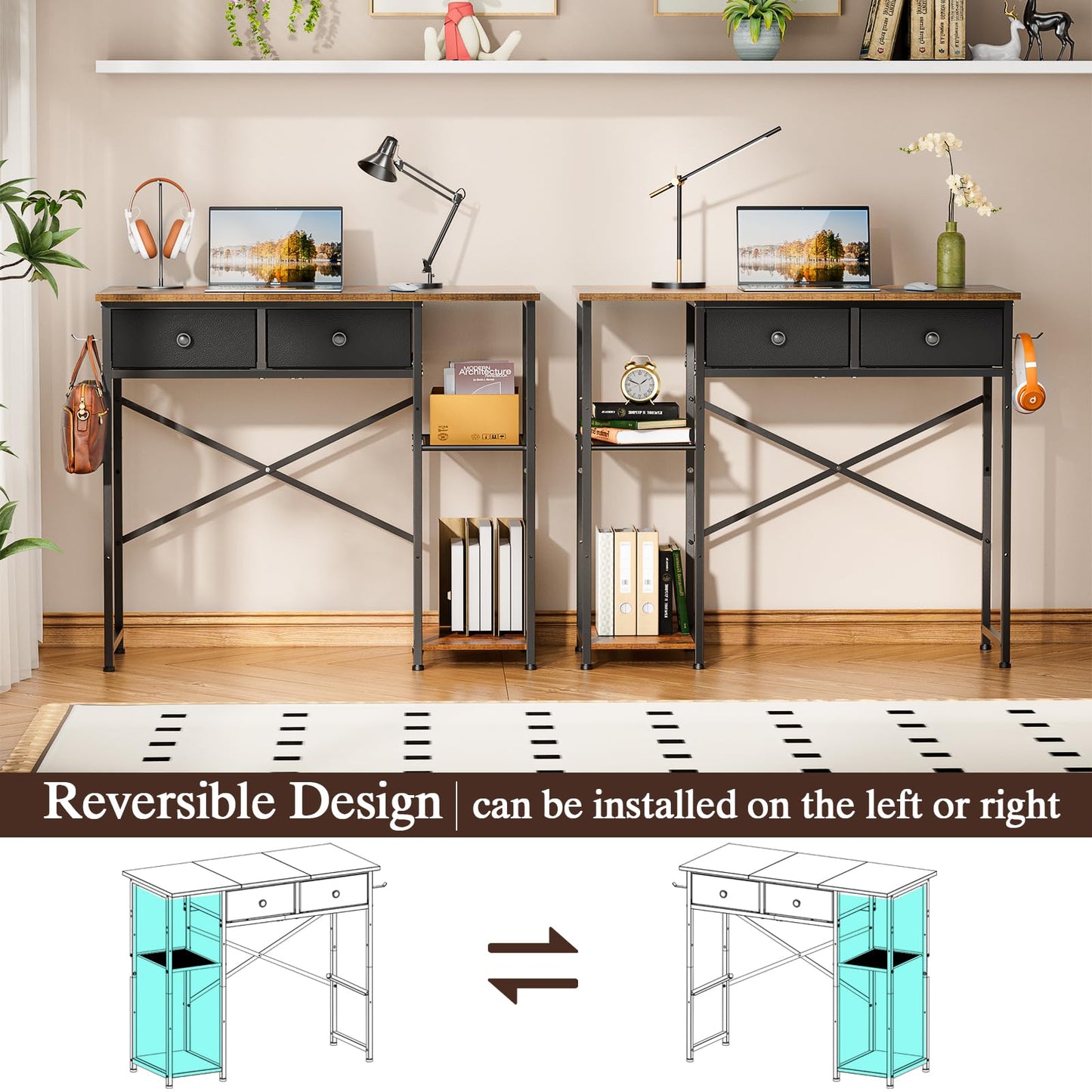 DAOUTIME Small Computer Desk, 36 Inch Writing Desk with Drawers & Storage Shelves, Home Office Writing Desk for Small Spaces, Bedroom, Living Room, Dorm, Rustic Brown