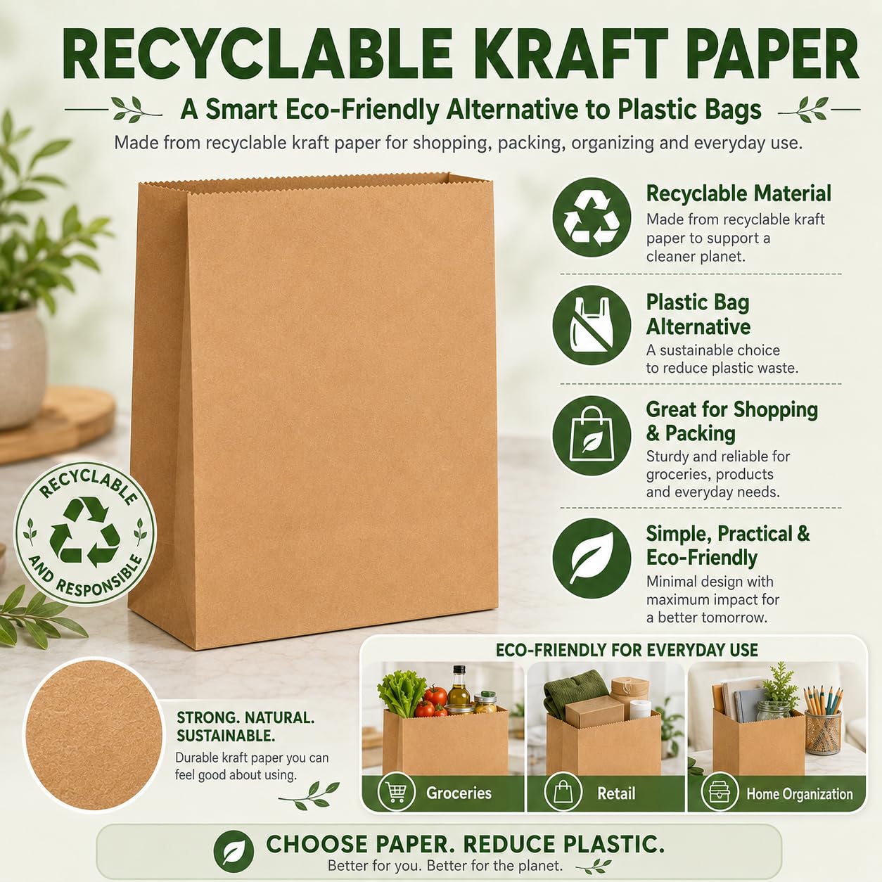MESHA Paper Grocery Bags 12 x 7 x 17 Inches, 100 Pack Heavy Duty 60 lb Kraft Brown Paper Bags Bulk, Large Grocery Sacks for Shopping, Takeout, Restaurant, Retail, Storage and DIY Crafts