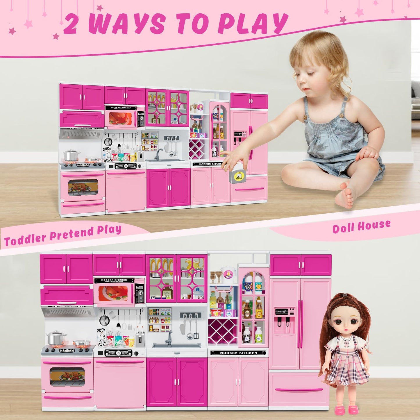 Wee Wonders 57 PCS Kitchen Playset for Girls, 5-in-1 Toddler Mini Kitchen with Realistic Lights & Sounds, Doll Kitchen House Toy, Mini Furniture Pretend Play Toys for Kids Age 3+, Pink