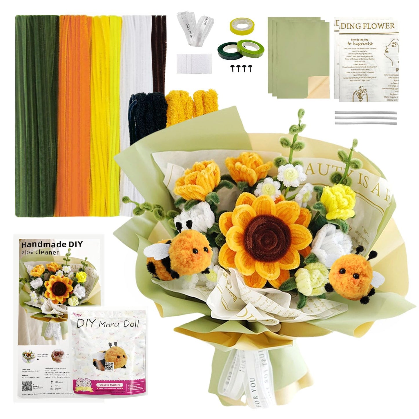 SNAIL GARDEN Pipe Cleaners Craft Kit with Wrapping Paper, Pipe Cleaner Flower Kit with 2 Bees, DIY Sunflower Flower Making Kit with Step by Step Video Tutorial for Beginners, Adults