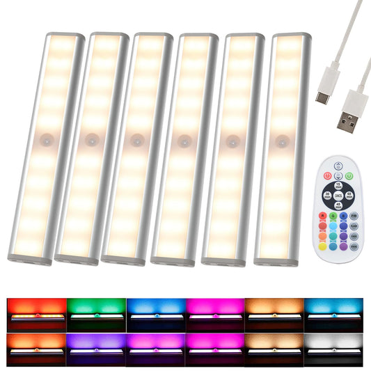 LDOPTO Under Cabinet Lighting Wireless with Remote, 48 LED Rechargeable Lights, Kitchen Counter Lights Dimmable, RGB Bar for Shelf, Car, Hallway, 15 Color Changing, 6 Pack