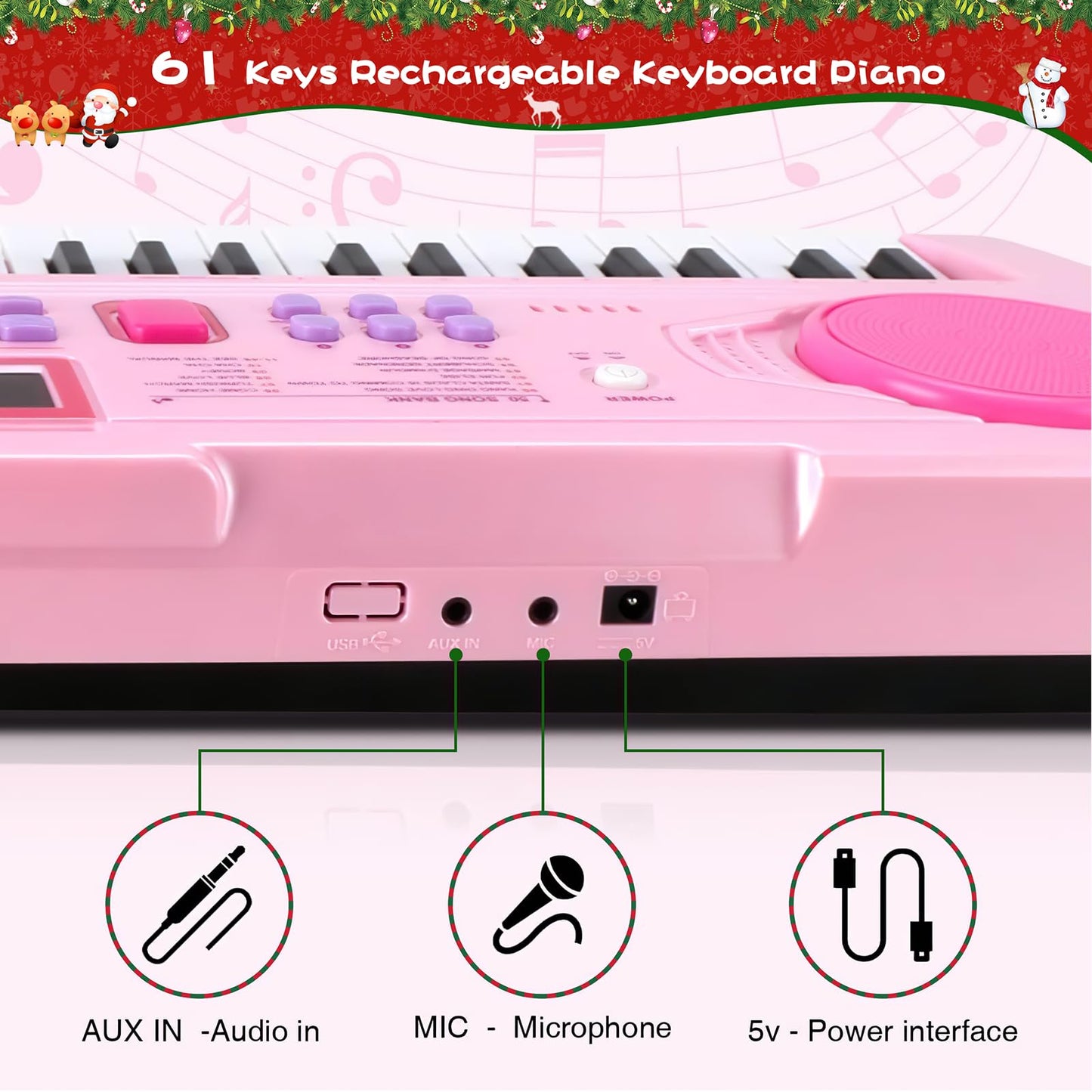 WOSTOO Kids Keyboard Piano, Portable 61 Keys Keyboard Electronic Digital Piano, Early Learning Educational Musical Piano Toy Keyboard for Beginners with Music Stand, Microphone (Pink) ﻿