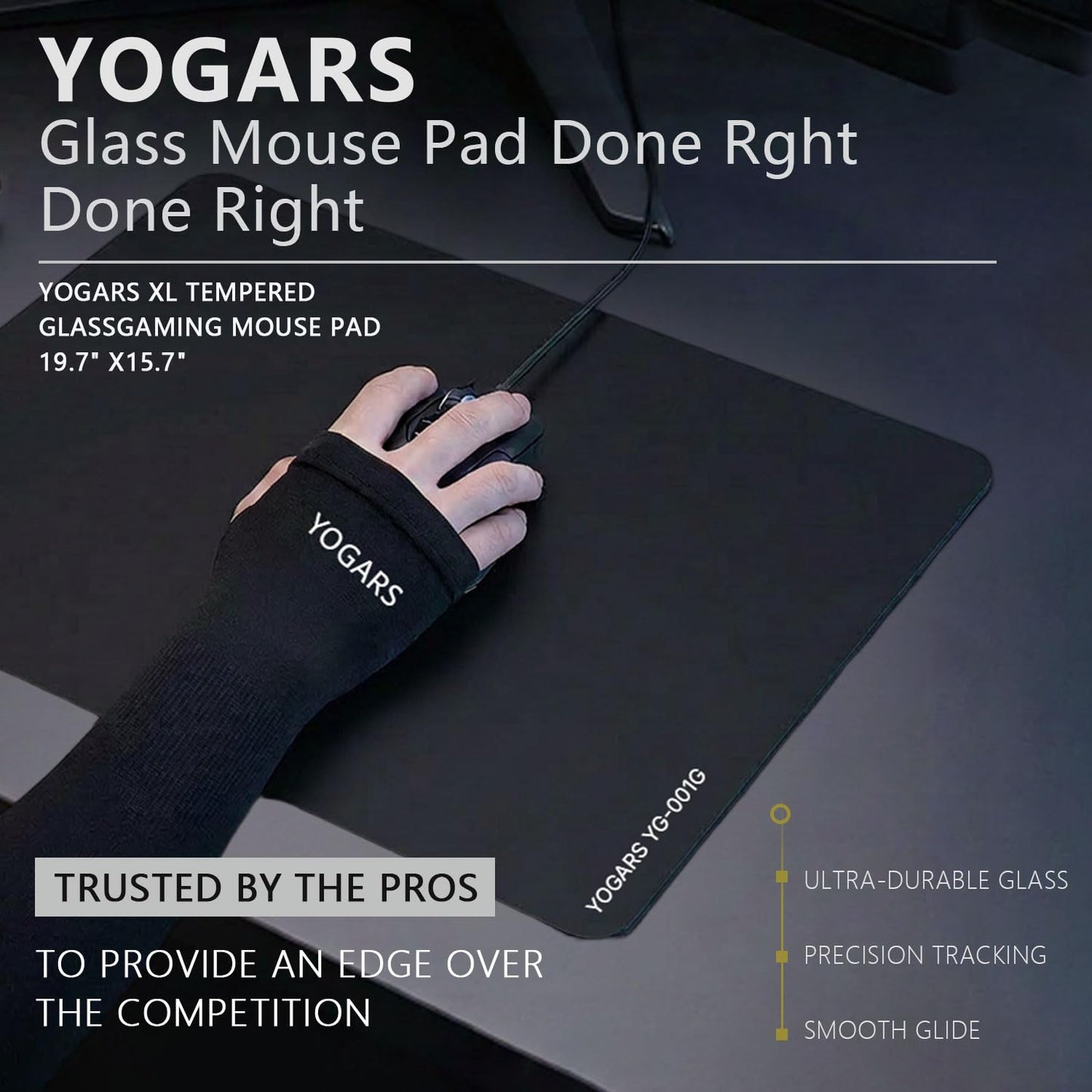 YOGARS Glass Gaming Mouse Pad, 19.7"x15.7" Large Glass Hard Mousepad for Esports, Ultra-Smooth Micro-Etched Surface Speed & Control, with Anti-Slip Base, Easy Clean Scratch Resistant (Black)