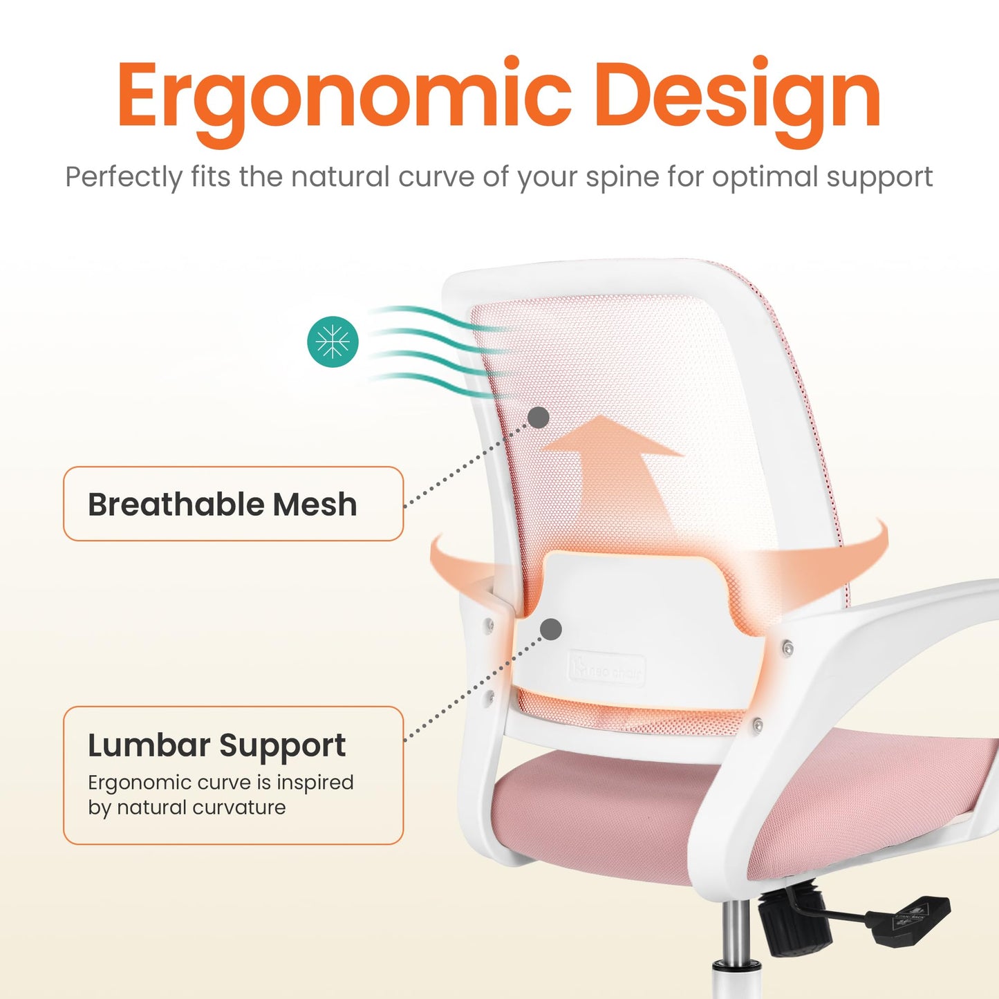 NEO CHAIR Office Desk Ergonomic Computer Mesh Chair with Lumbar Mid Back Support Adjustable Height Swivel Rolling Wheels Comfy Task Vanity Chair for Home Bedroom Study (Pastel Pink)