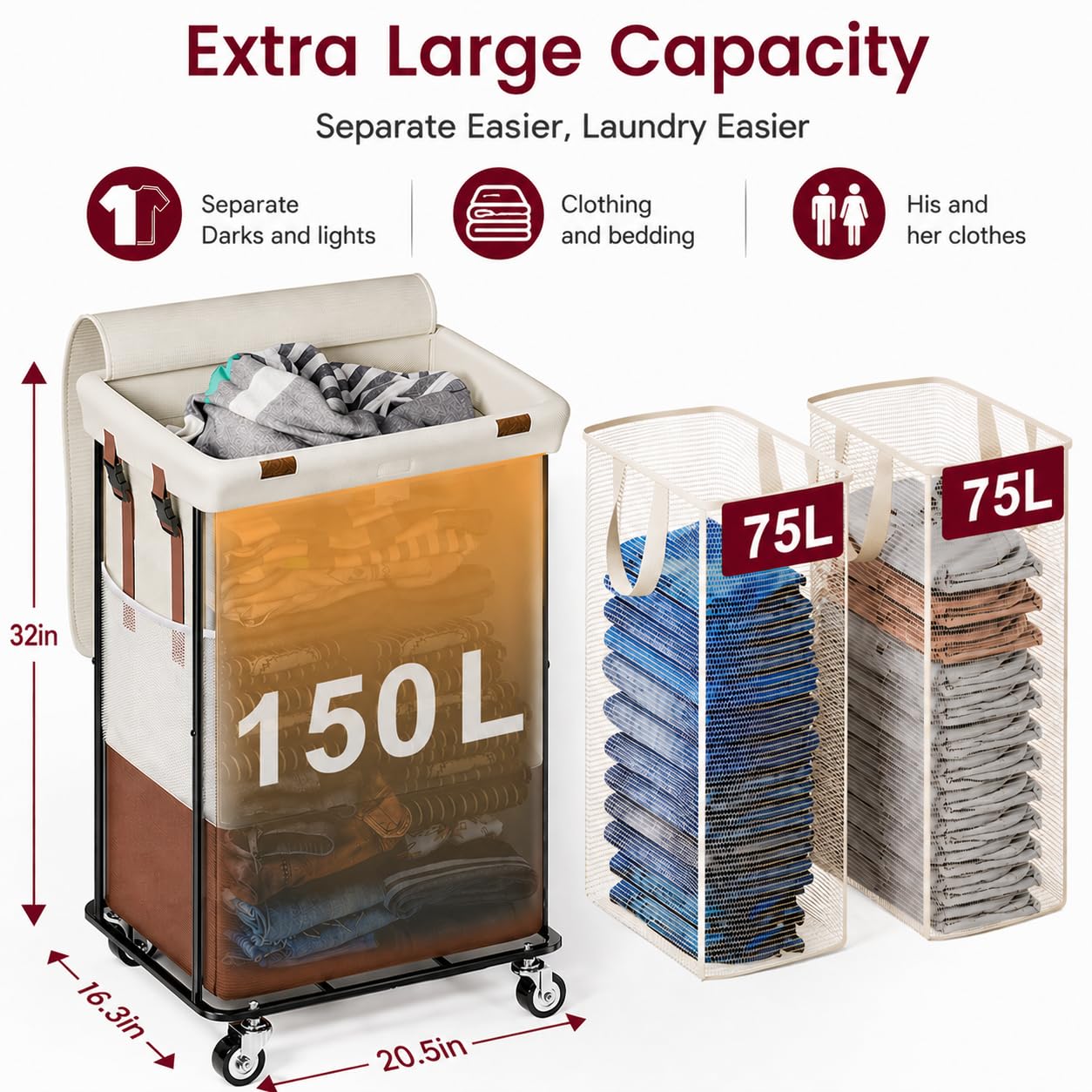 Double Laundry Hamper with Lid, Rolling Laundry Basket with Wheels and 2 Removable 75L Bags, 2 Section Large Capacity for Laundry Bedroom Bathroom Dorm, Easy Move & Organize,150L White