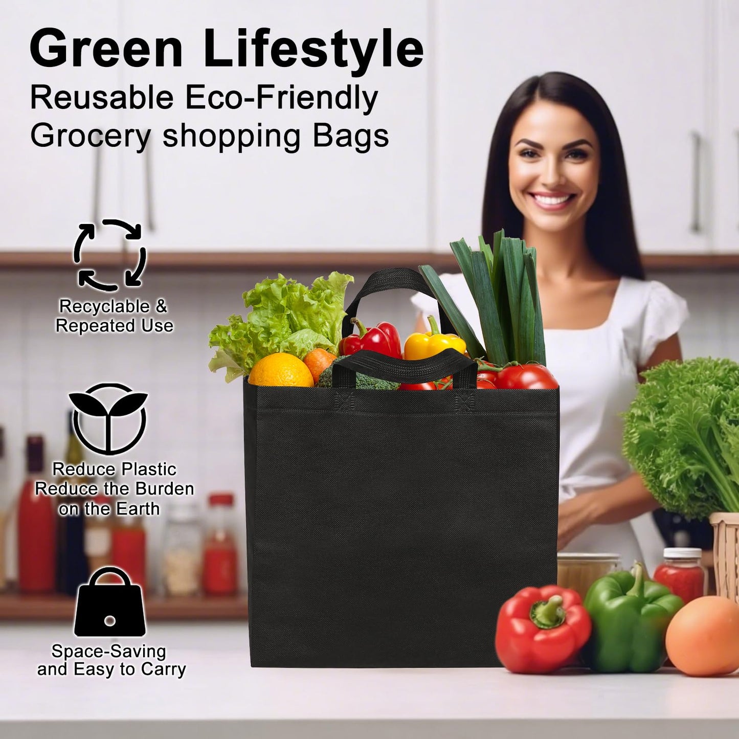 JERIA 100 Pack Black Reusable Totes Bag with Reinforced Handles Non Woven Bulk Shopping Bags