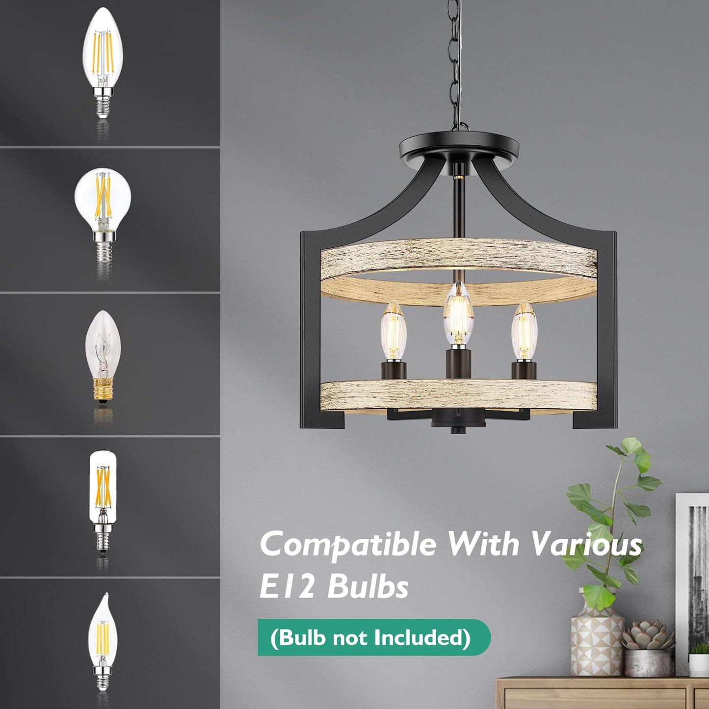3-Light Rustic Farmhouse Pendant Hanging Light Adjustable Height Max 68in, 14.5” Convertible Vintage Semi Flush Mount Ceiling Light Fixture Black Metal Chandelier Wood Finish Kitchen Dining Room