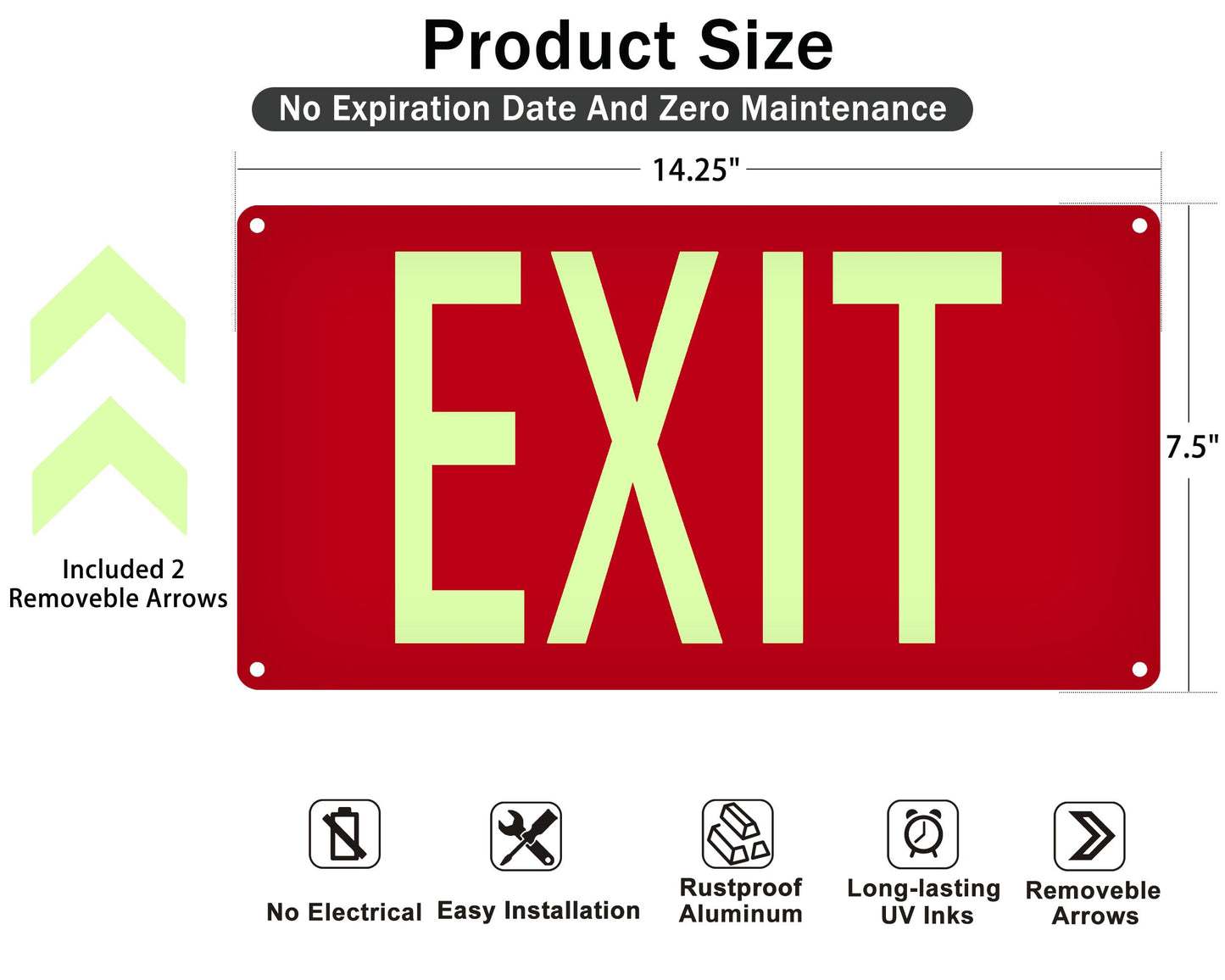 (4 Pack) Photoluminescent Exit Sign Aluminum - Adhesive Backing - Glow In The Dark Exit Sign - Removable Arrows Included - 14.25x7.5 Inches - Non Electrical Red Exit Light For 50 Feet Visibility